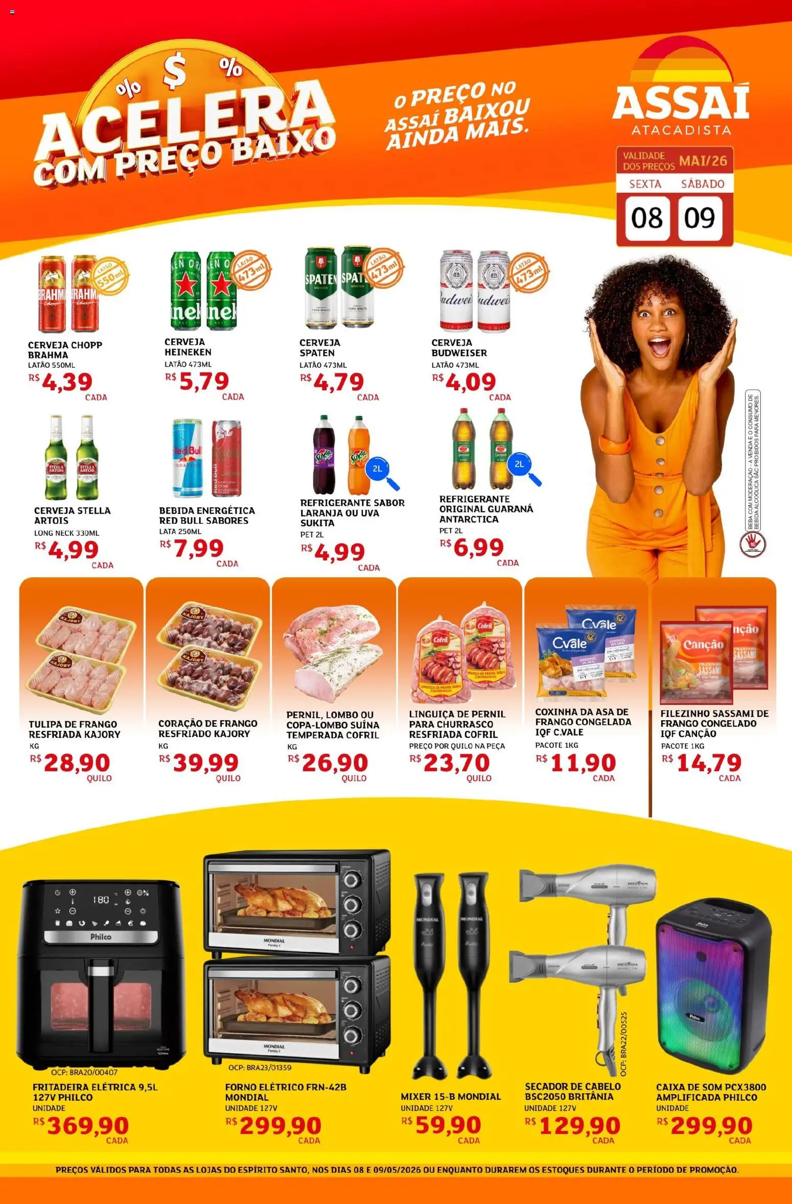 Pré-Visualização do folheto "Assaí Atacadista ofertas - ES" da loja Assaí Atacadista válido a partir de 08/05/2026 - Caixa de som, Heineken, Secador de cabelo, Uva, Secador, Guaraná, Asa de frango, Bebida energética