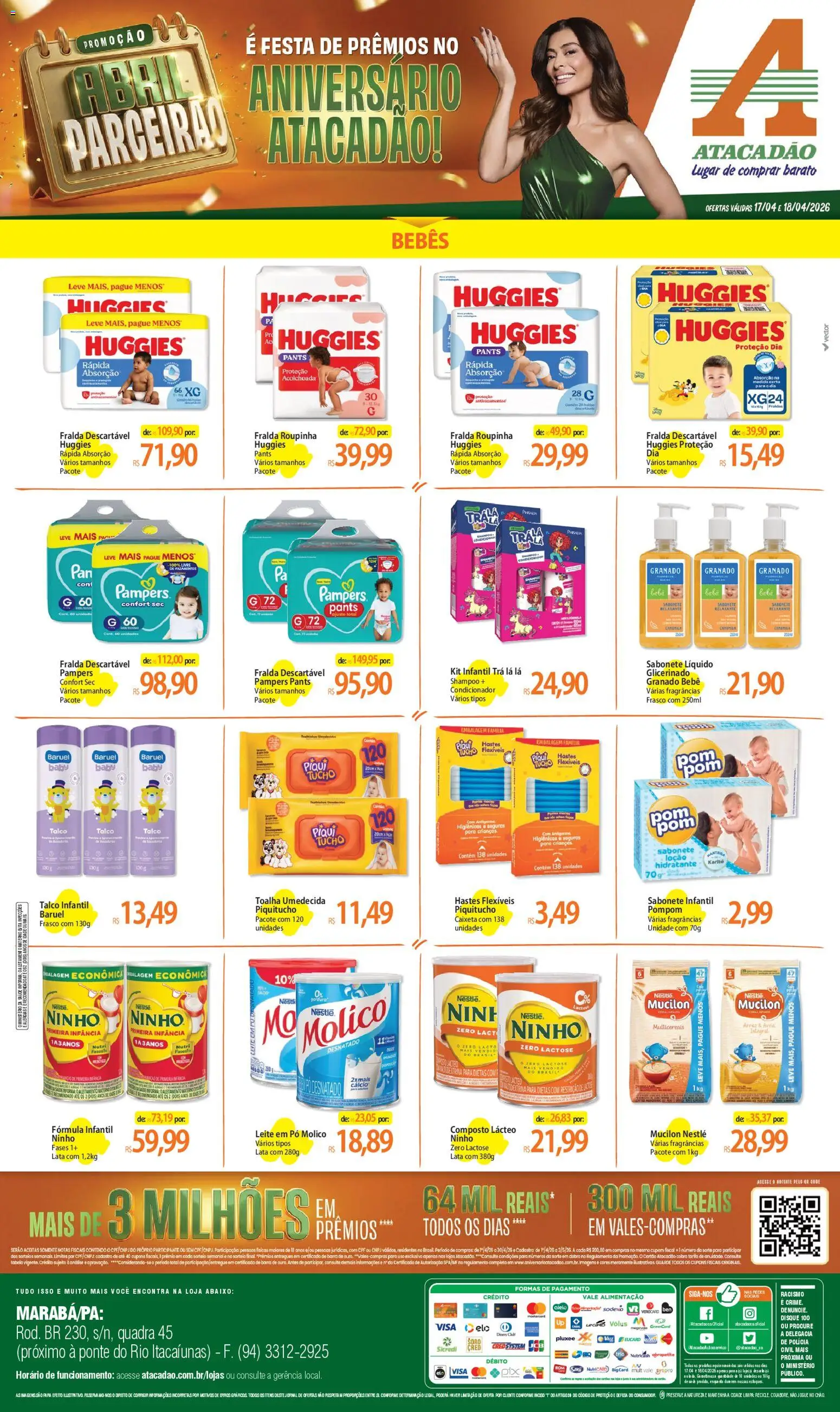 Pré-Visualização do folheto "Atacadão ofertas - PA" da loja Atacadão válido a partir de 17/04/2026 - Fraldas, Sabonete, Sabonete líquido, Leite em pó, Licor, Pó, Cálcio, Fórmula infantil