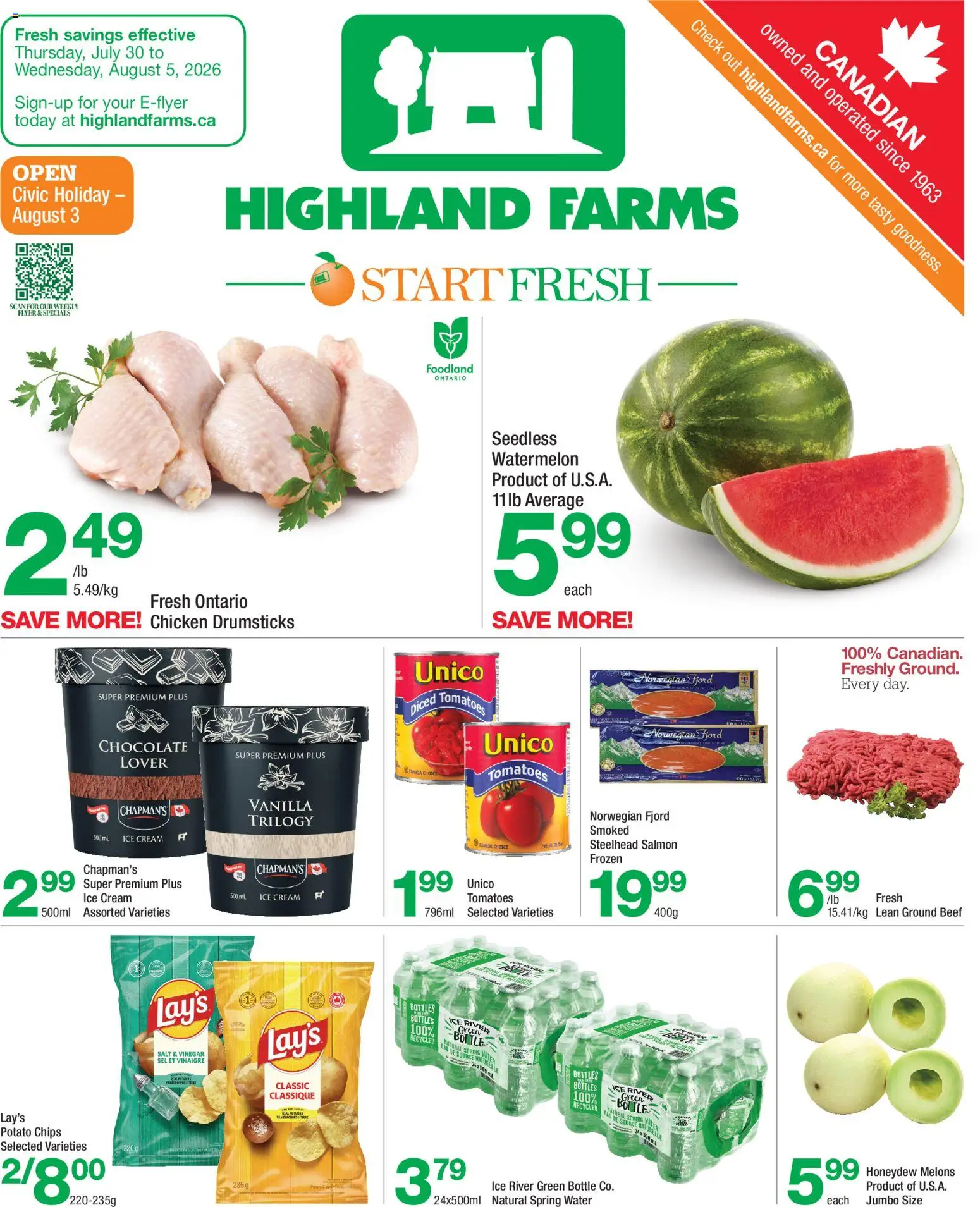 Preview of leaflet Highland Farms weekly flyer / circulaire from shop Highland Farms is valid from Jul 30, 2026 - Chicken, Water, Salmon, Beef, Salt, Cream, Ground beef, Drumsticks