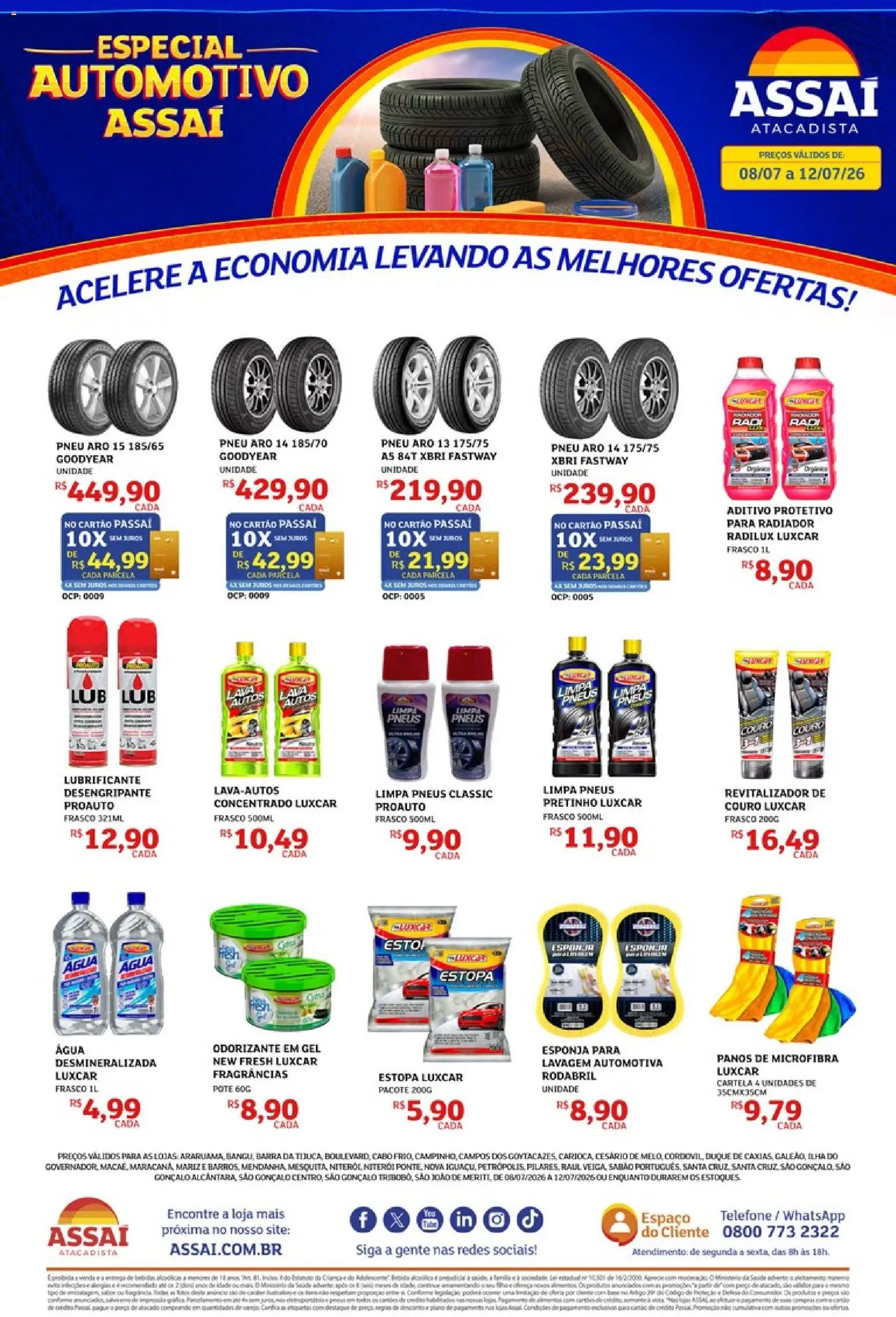 Pré-Visualização do folheto "Assaí Atacadista ofertas - RJ" da loja Assaí Atacadista válido a partir de 08/07/2026 - Telefone, Água, Pneu, Pneus, Radiador, Esponja, Cabo, Sabão