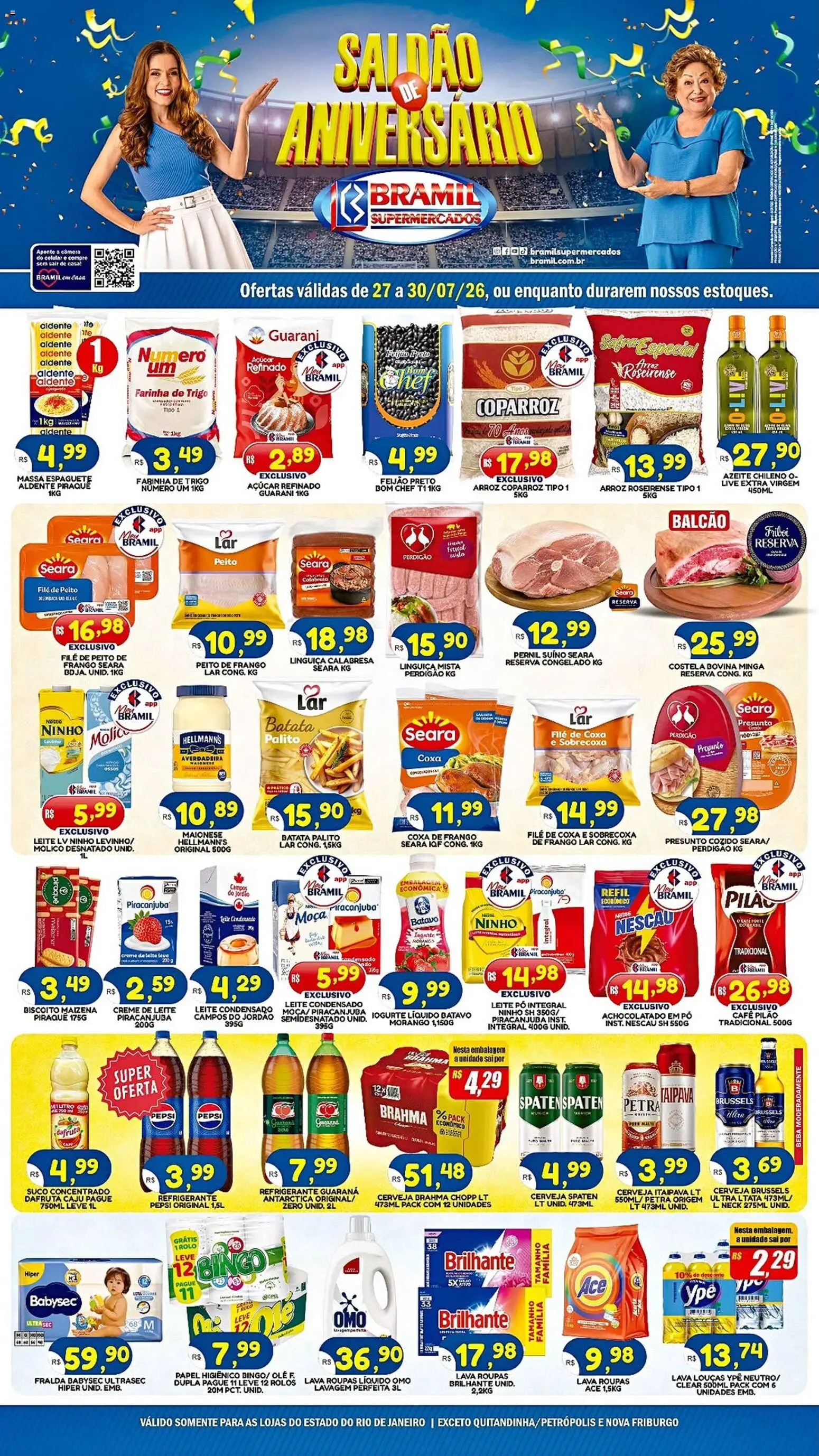 Pré-Visualização do folheto "Bramil Supermercados - Ofertas da semana" da loja Bramil Supermercados válido a partir de 27/07/2026 - Café, Leite condensado, Feijão, Frango, Azeite, Creme, Papel higiênico, Pernil suíno