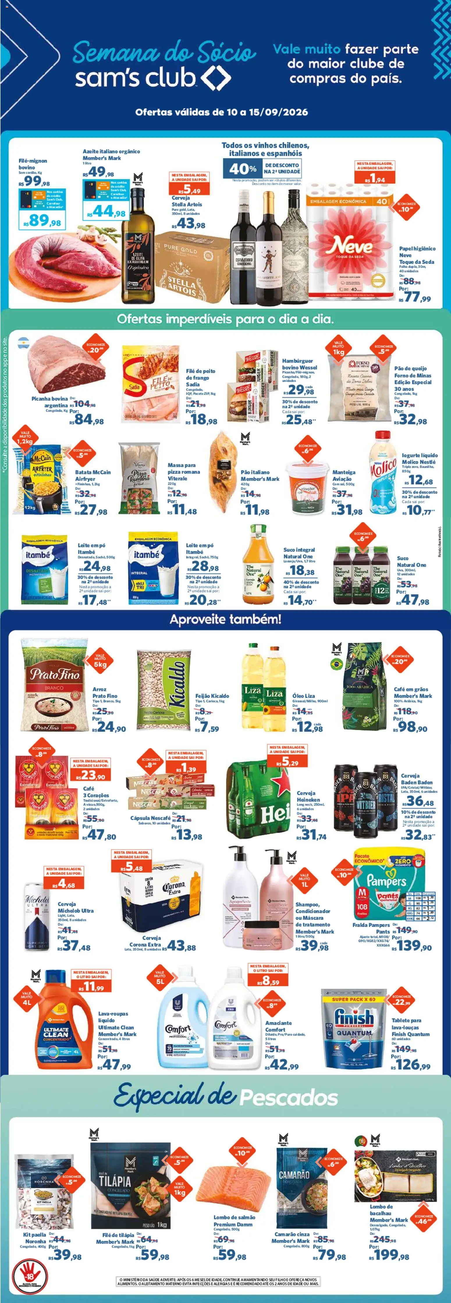 Pré-Visualização do folheto "Sam's Club - Ofertas da semana" da loja Sam's Club válido a partir de 10/09/2026 - Heineken, Shampoo, Pão de queijo, Arroz, Leite, Batata, Bacalhau, Filé de tilápia