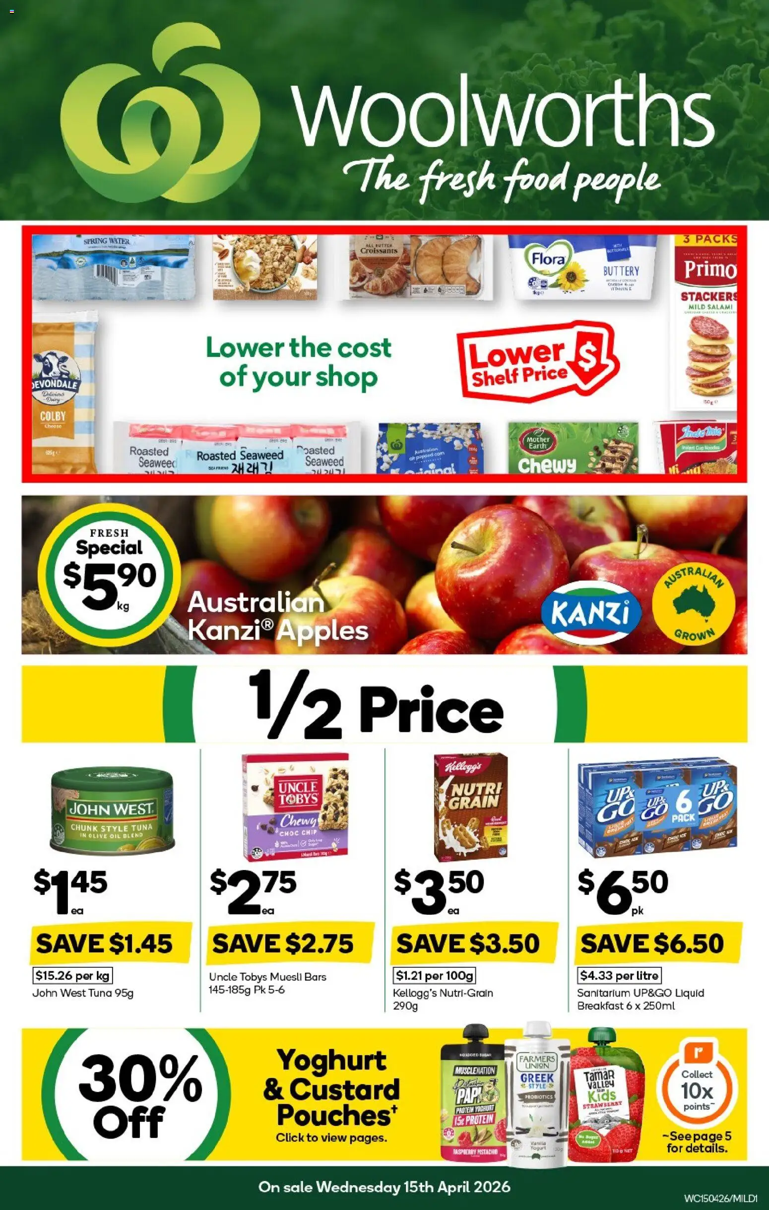 Preview of catalogue Woolworths catalogue MIL from shop Woolworths valid 15/04/2026 - Food, Yoghurt, Salami, Apples, Olive oil, Probiotics, Raspberry, Muesli