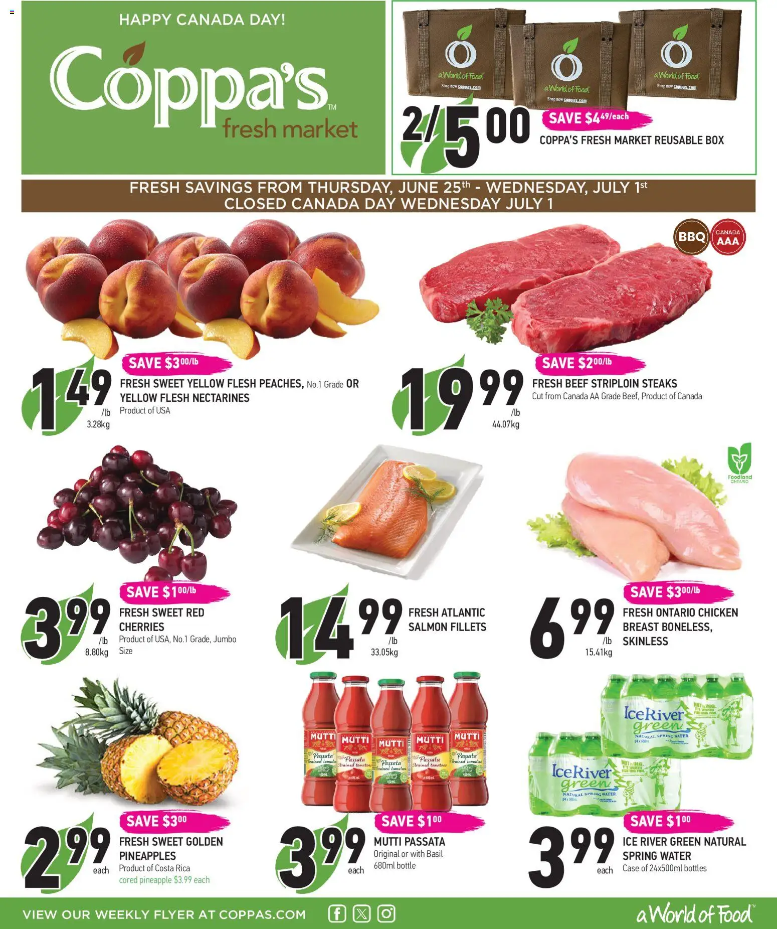Preview of leaflet Coppas Fresh Market weekly flyer / circulaire from shop Coppas Fresh Market is valid from Jun 25, 2026 - Food, Ice, Salmon, Pineapple, Tomatoes, Beef, Nectarines, Case