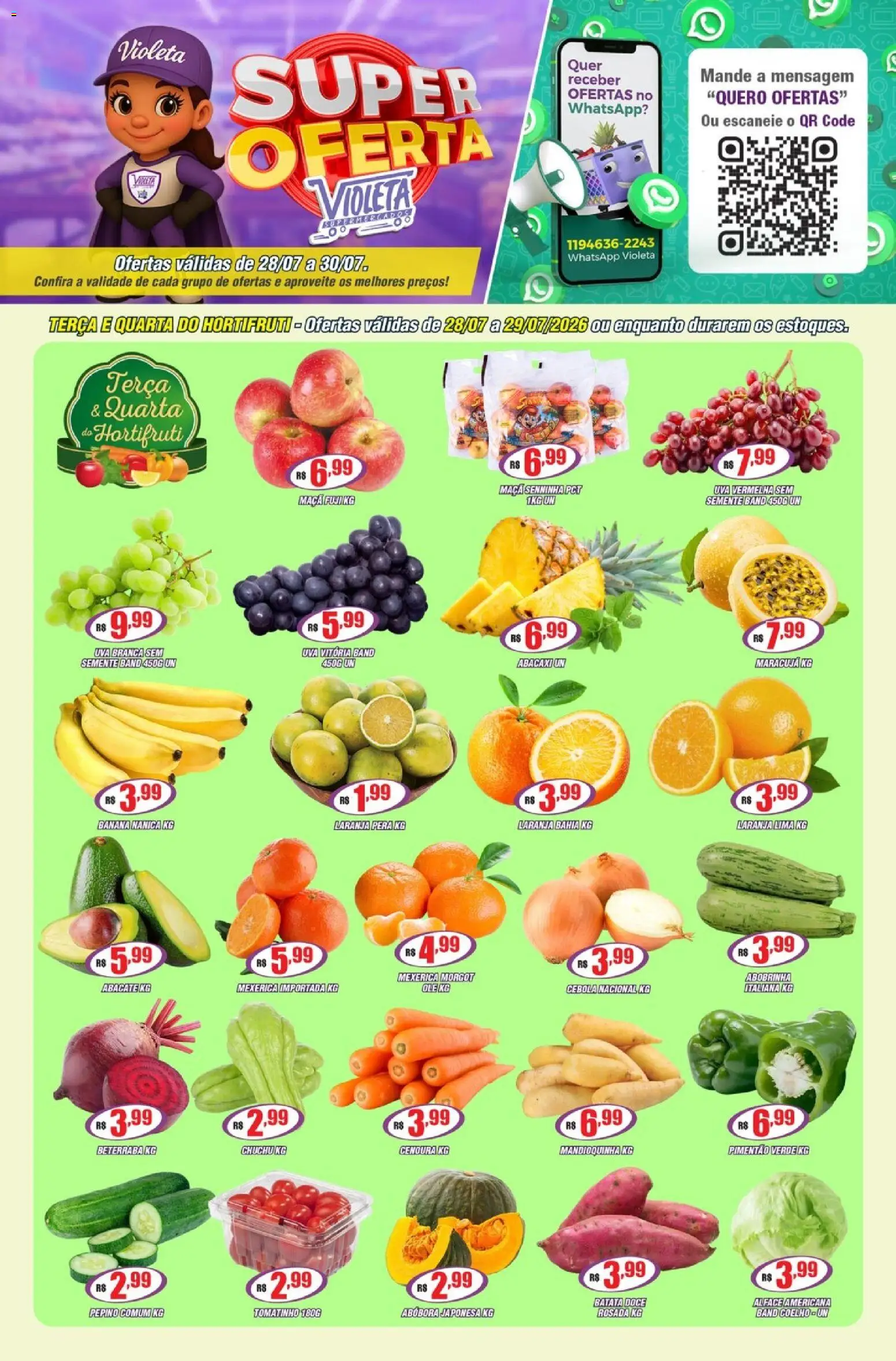 Pré-Visualização do folheto "Violeta Supermercados - Ofertas da semana" da loja Violeta Supermercados válido a partir de 28/07/2026 - Coelho, Uva, Maracujá, Beterraba, Alface, Alface americana, Cebola, Pimentão