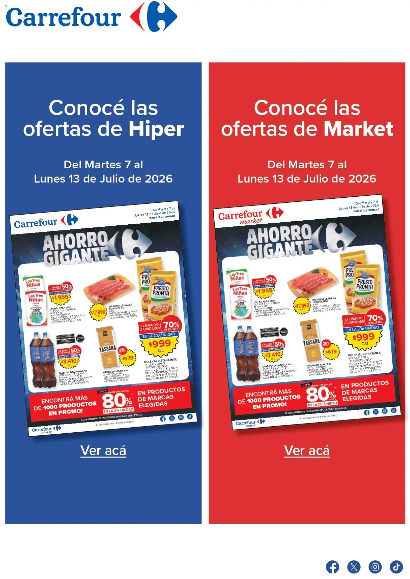 Vista previa del folleto de la tienda Carrefour válido desde el 07/07/2026 - Milanesa, Bolsa, Pepsi, Polenta, Harina, Leche, Botella, Gaseosa