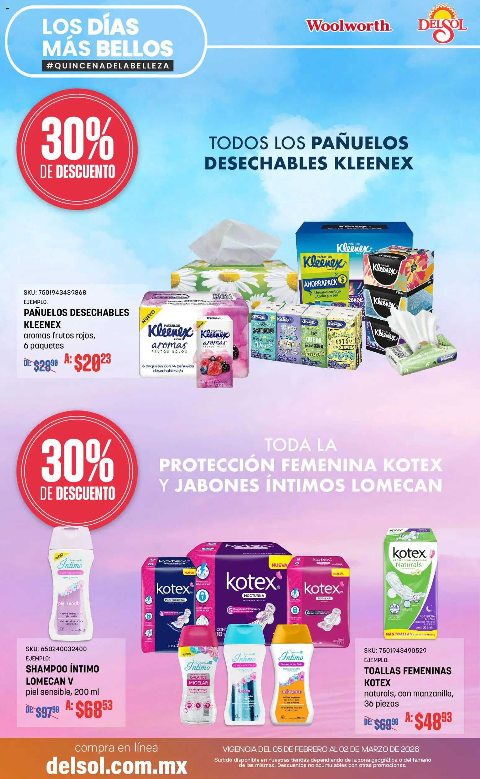 Vista previa las ofertas de la tienda Del Sol y Woolworth - Catálogo desde el 05/02/2026 - Shampoo, Moño, Toallas, Pañuelos desechables, Aclarante