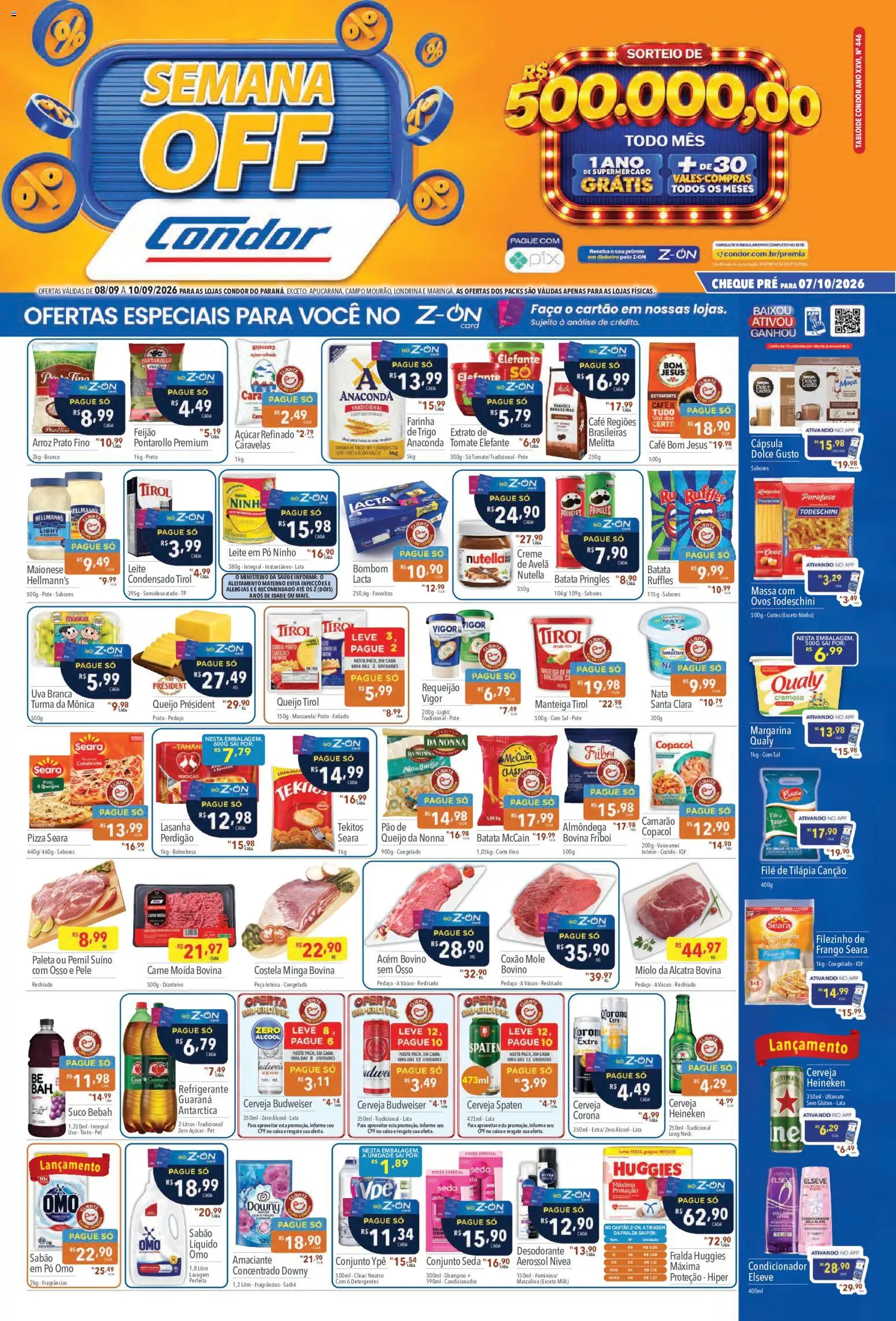 Pré-Visualização do folheto "Supermercados Condor ofertas Semana Off" da loja Supermercados Condor válido a partir de 08/09/2026 - Camarão, Pão, Arroz, Creme, Pó, Filé de tilápia, Avelã, Carne moída bovina
