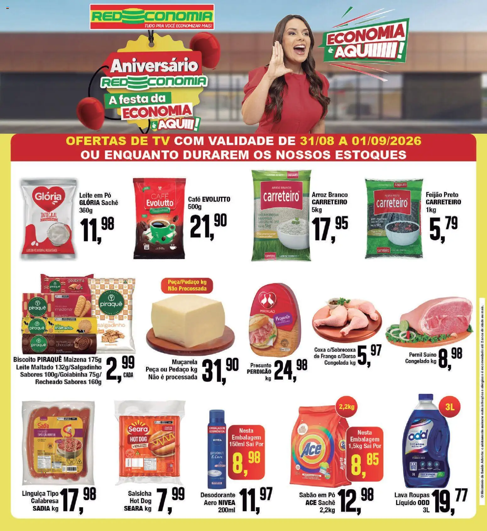 Pré-Visualização do folheto "RedEconomia ofertas" da loja RedEconomia válido a partir de 01/09/2026 - Café, Arroz, Biscoito, Leite, Frango, Sabão, Muçarela, Pernil suíno