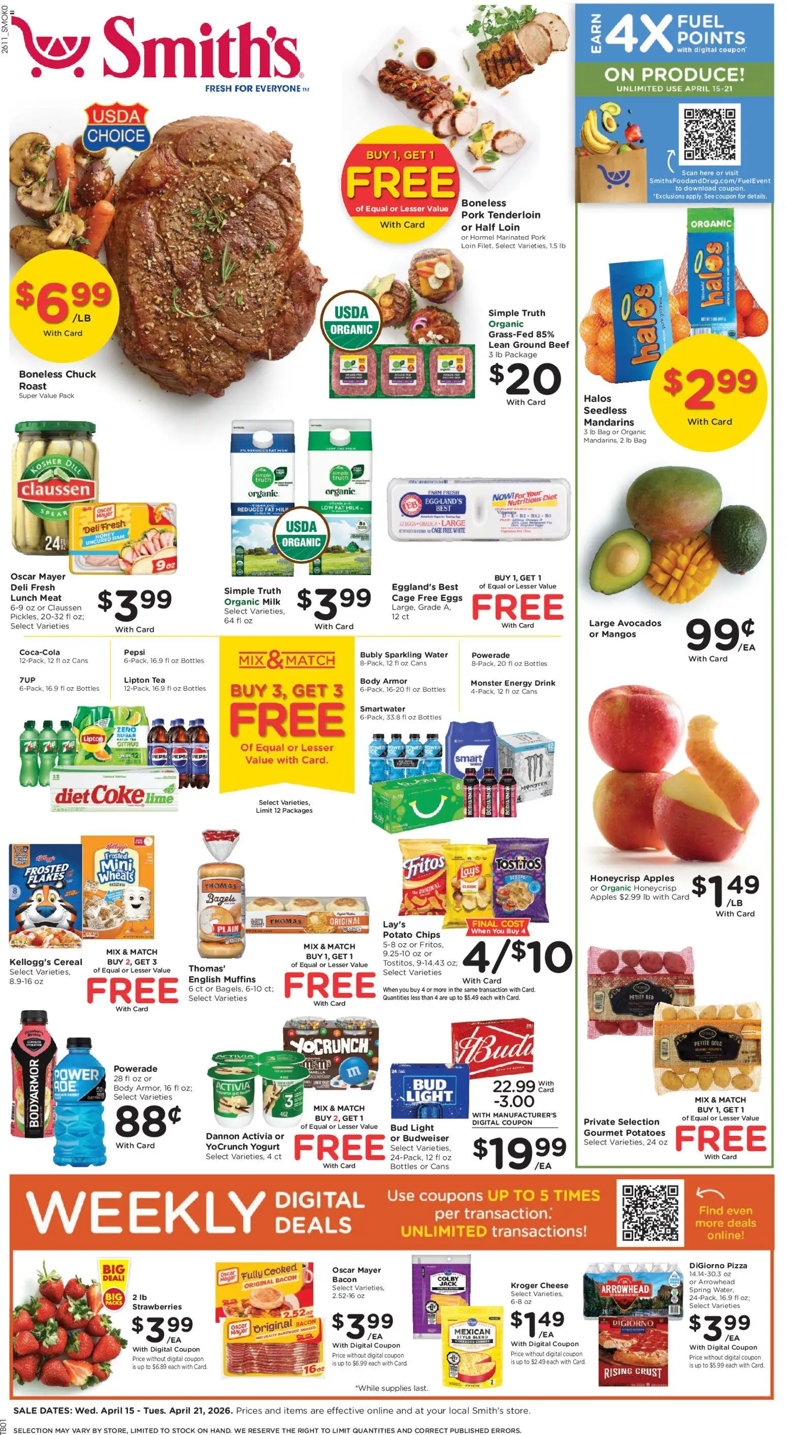 Ad Preview of Smith's Smith's Weekly Ad - WY from 04/15/2026 - Apples, Strawberries, Potatoes, Meat, Energy drink, Ham, Ground beef, Potato chips