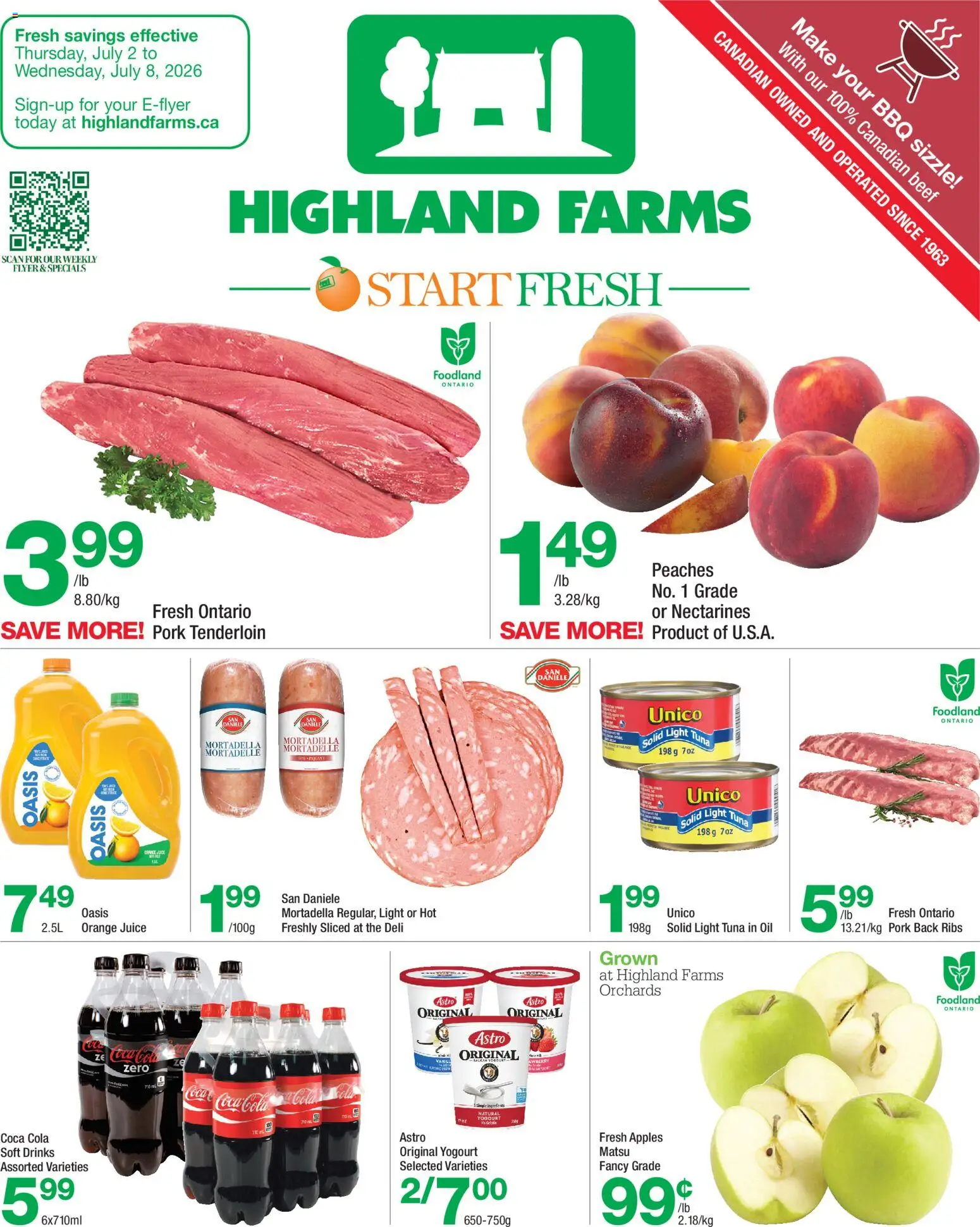 Preview of leaflet Highland Farms weekly flyer / circulaire from shop Highland Farms is valid from Jul 02, 2026 - Apples, Oil, Juice, Peaches, Beef, Pork tenderloin, Pork, Orange juice