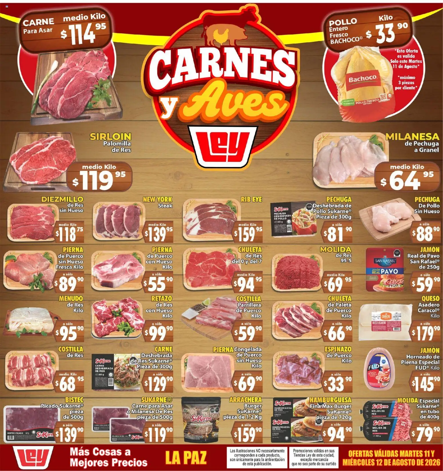 Vista previa las ofertas de la tienda Casa Ley - Casa Ley folleto Carnes y Aves desde el 11/08/2026 - Pollo, Queso, Carne, Bistec, Jamón, Chuleta, Steak, Carne para asar