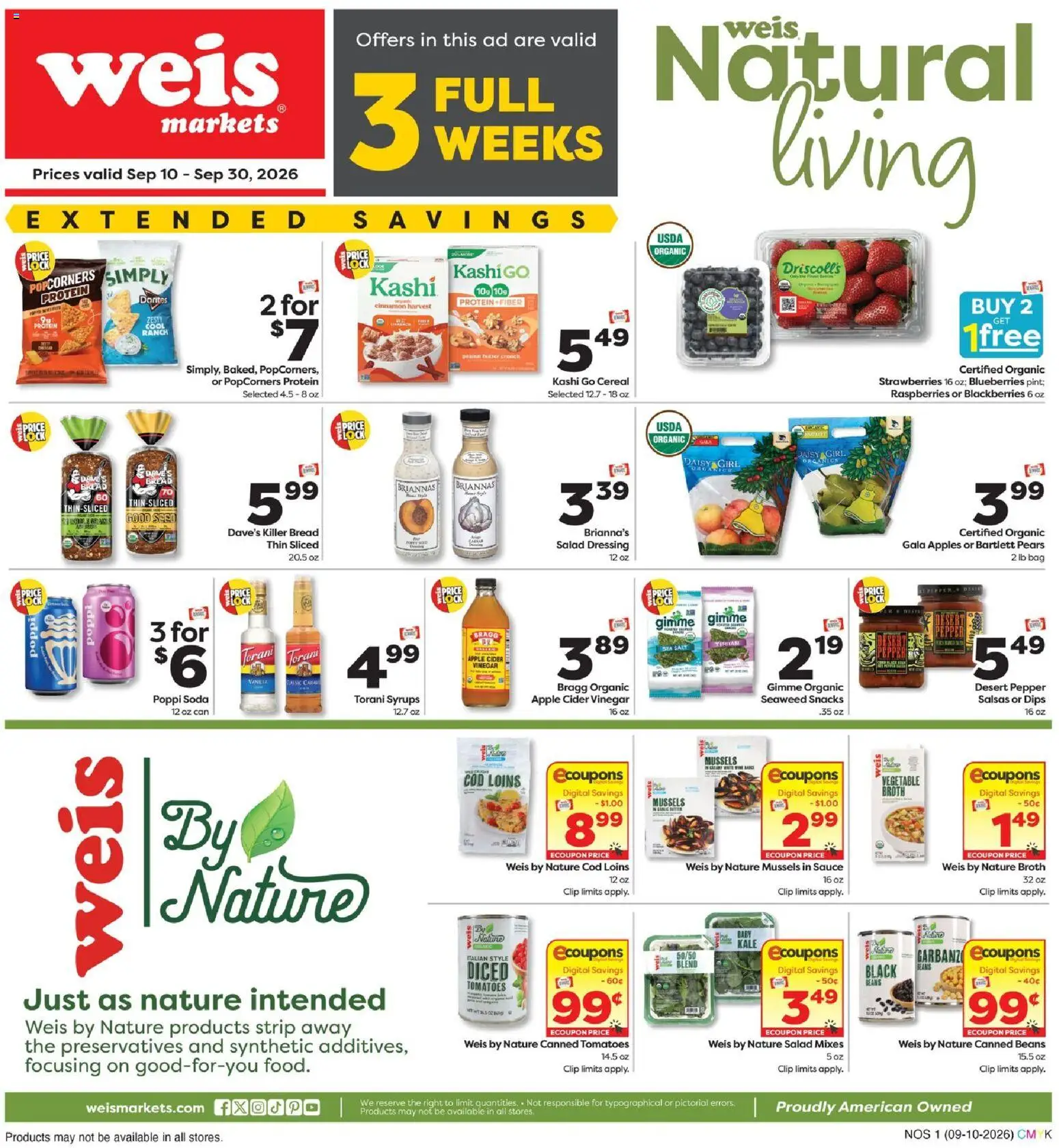Ad Preview of Weis Weis Health & Home from 09/10/2026 - Salad, Apple Cider Vinegar, Tomatoes, Protein, Raspberries, Salt, Vinegar, Clip
