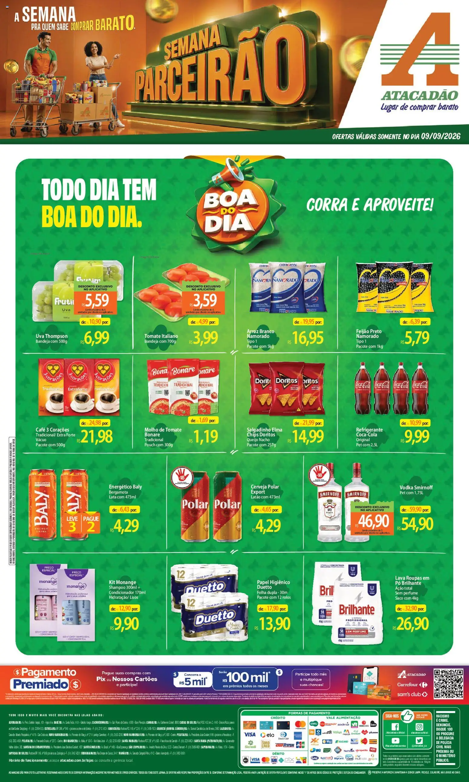 Pré-Visualização do folheto "Atacadão ofertas - RS" da loja Atacadão válido a partir de 09/09/2026 - Cerveja, Roupas, Arroz, Bebida, Tomate, Refrigerante, Papel higiênico, Molho de tomate