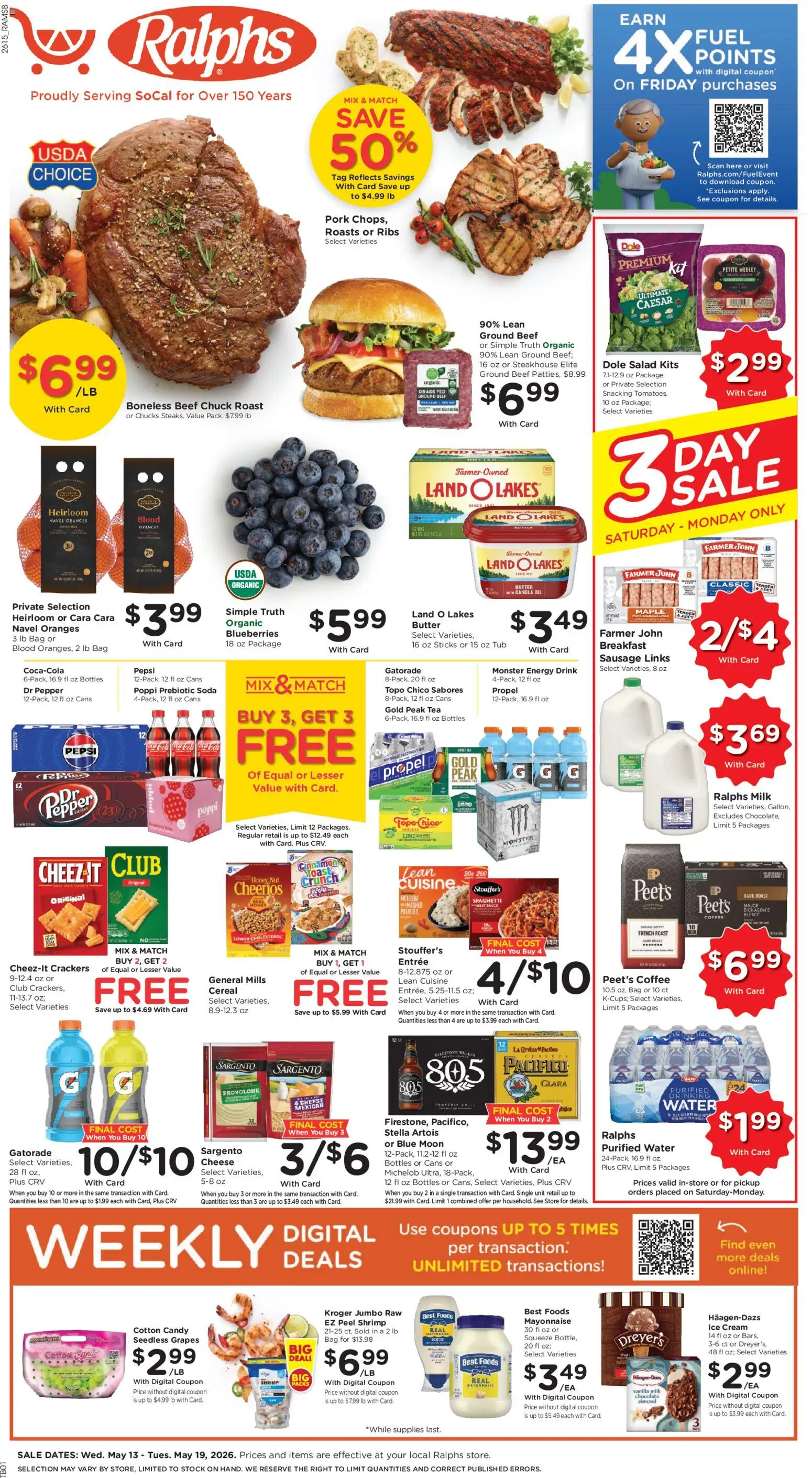 Ad Preview of Ralphs Ralphs Weekly Ad from 05/13/2026 - Ice, Oranges, Spaghetti, Blueberries, Cereal, Sausage, Grapes, Energy drink
