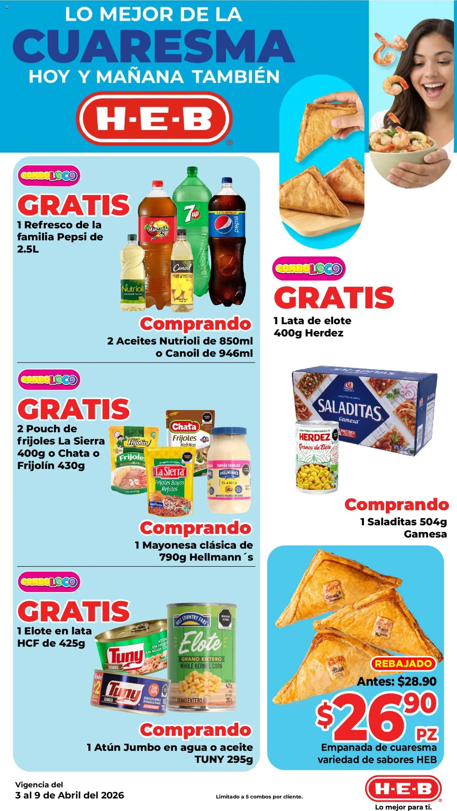 Vista previa las ofertas de la tienda H-E-B - H-E-B folleto desde el 03/04/2026 - Agua, Aceite, Refresco, Atún, Sierra, Mayonesa, Galletas saladas, Hojuelas