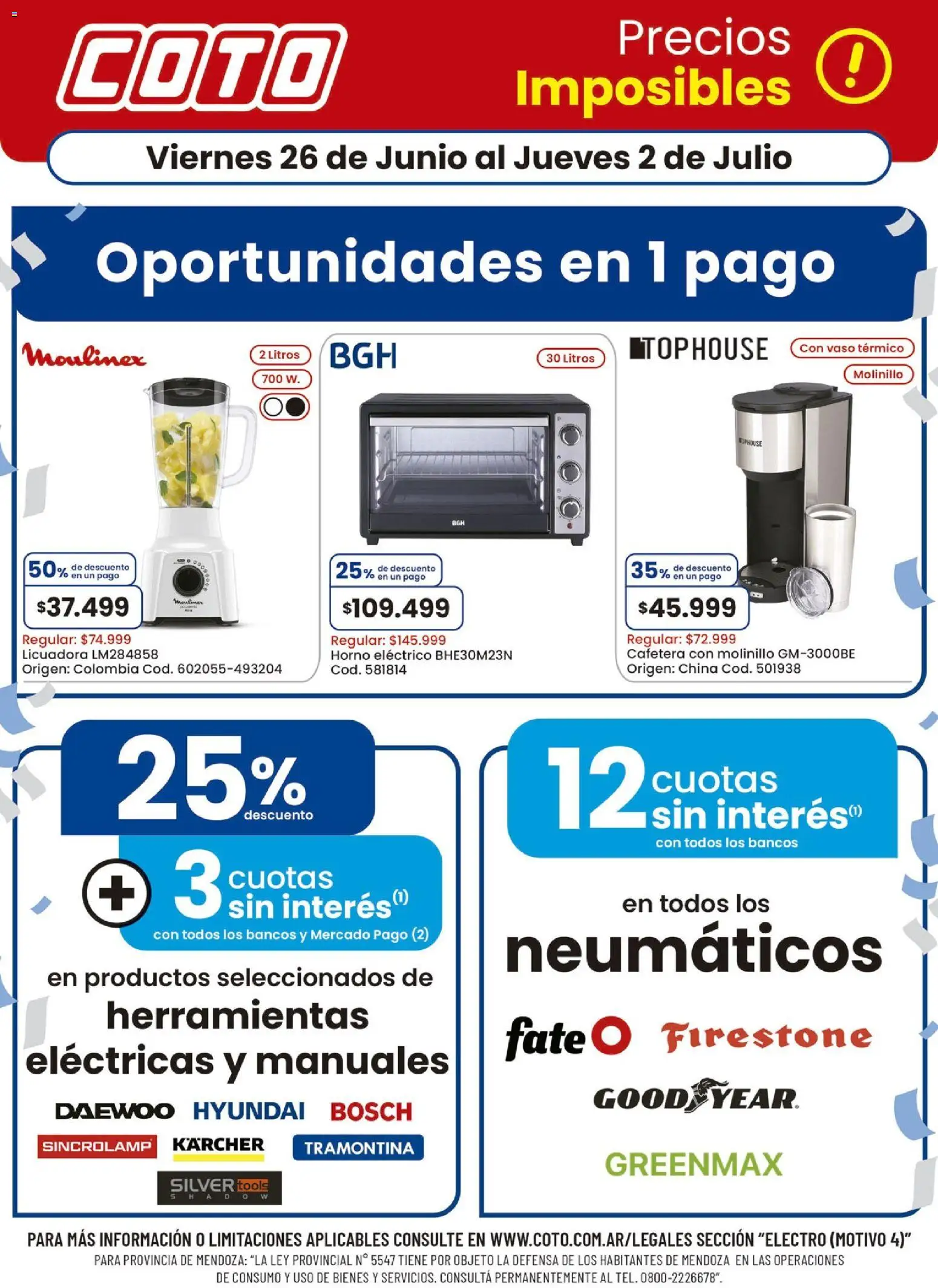 Vista previa del folleto de la tienda Coto válido desde el 26/06/2026 - Neumáticos, Horno eléctrico, Cafetera, Licuadora, Herramientas, Horno, Molinillo