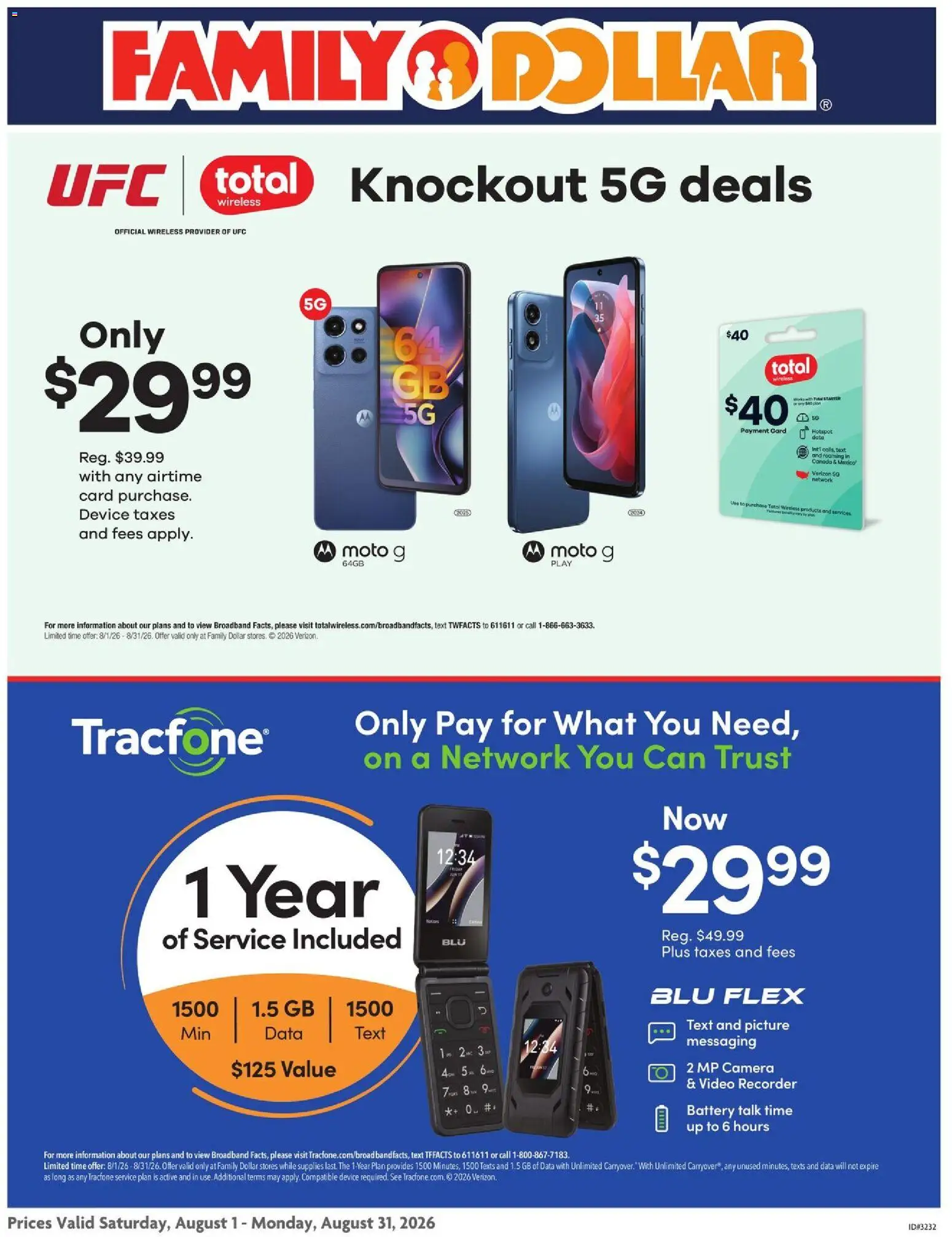Ad Preview of Family Dollar Family Dollar AT&T/Tracfone from 08/01/2026 - Video, Camera, Date, Battery, Starter, Video Recorder