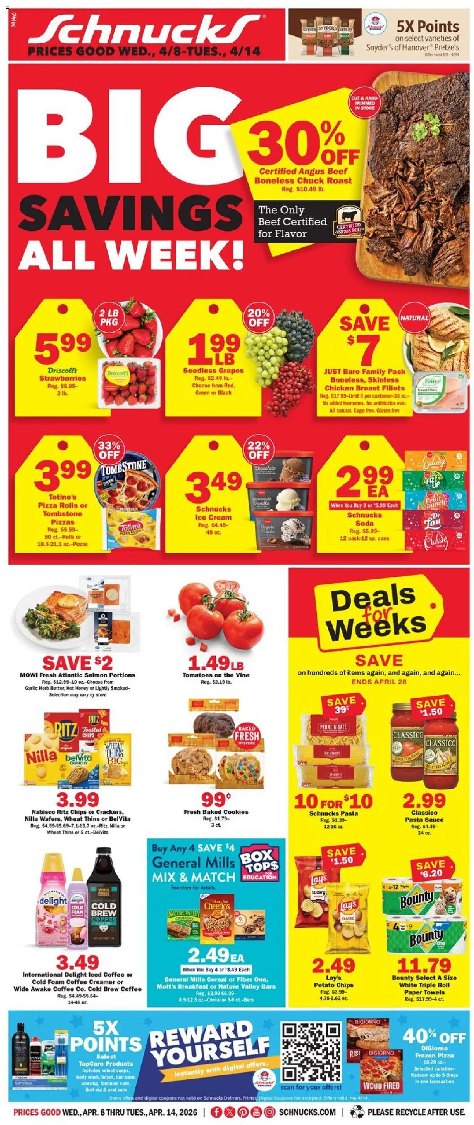 Ad Preview of Schnucks Schnucks Weekly Print Ad - MO from 04/08/2026 - Coffee, Cookies, Pasta, Box, Grapes, Potato chips, Frozen pizza, Chicken breast fillets