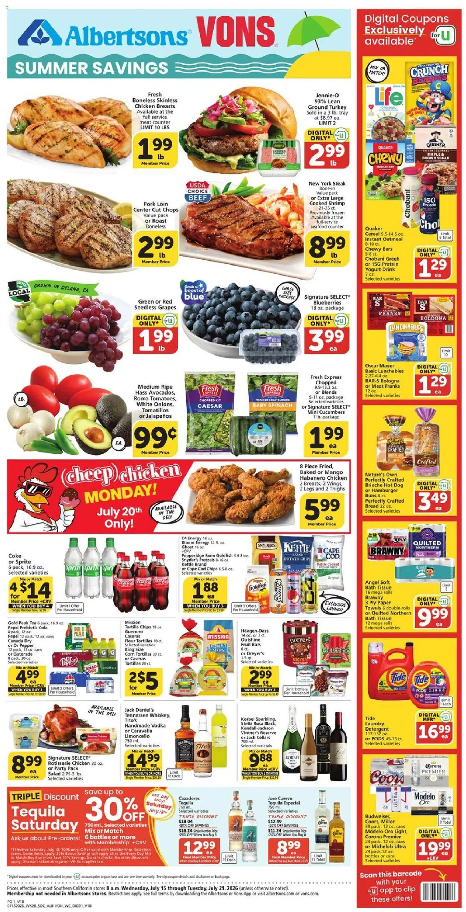 Ad Preview of Vons Vons Weekly Ad from 07/15/2026 - Mango, Yogurt, Cereal, Corn, Grapes, Beef, Jack Daniel's, Chicken