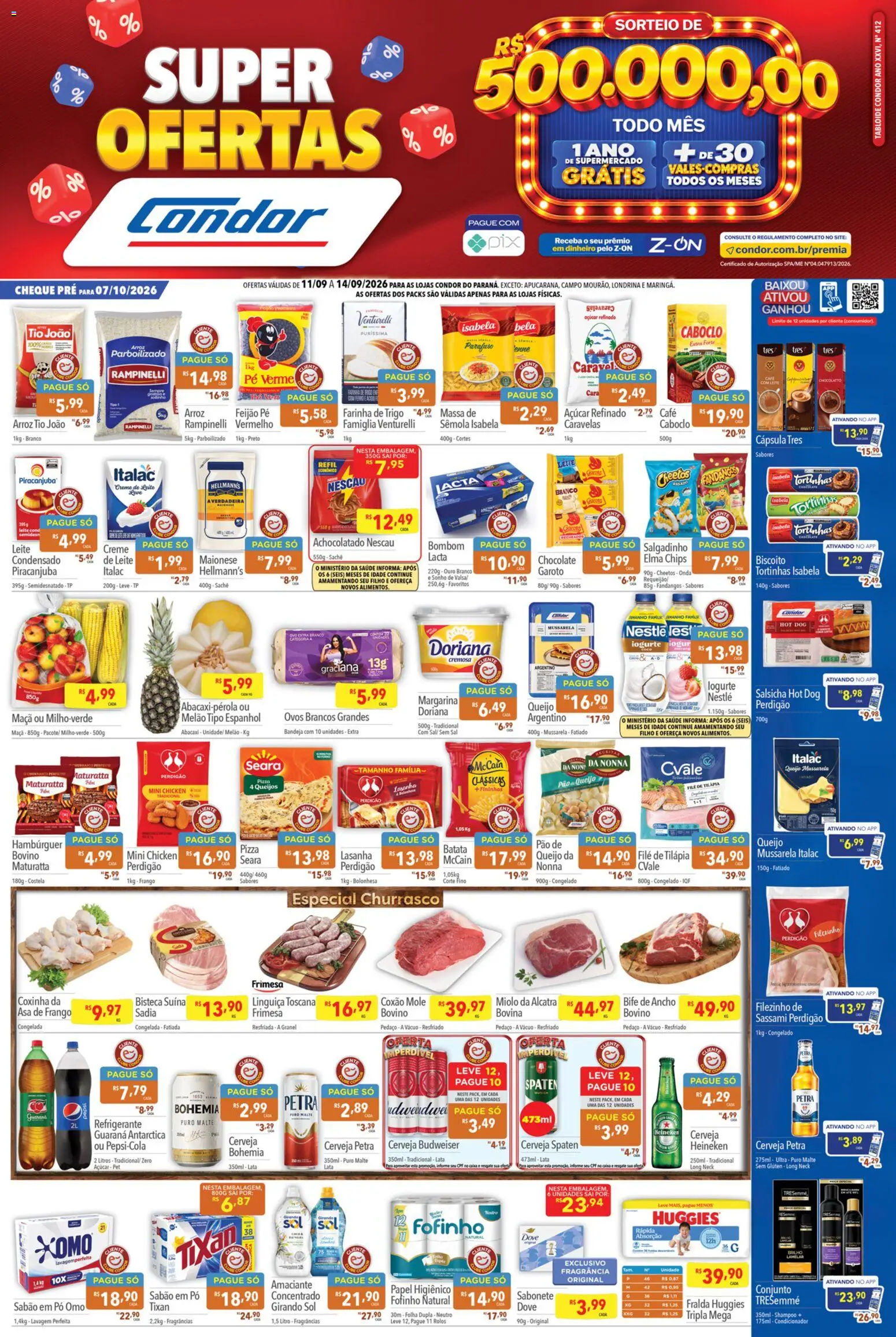 Pré-Visualização do folheto "Supermercados Condor - Ofertas da semana" da loja Supermercados Condor válido a partir de 11/09/2026 - Hambúrguer, Shampoo, Queijo, Sabonete, Cheetos, Elma Chips, Sabão em pó, Dove