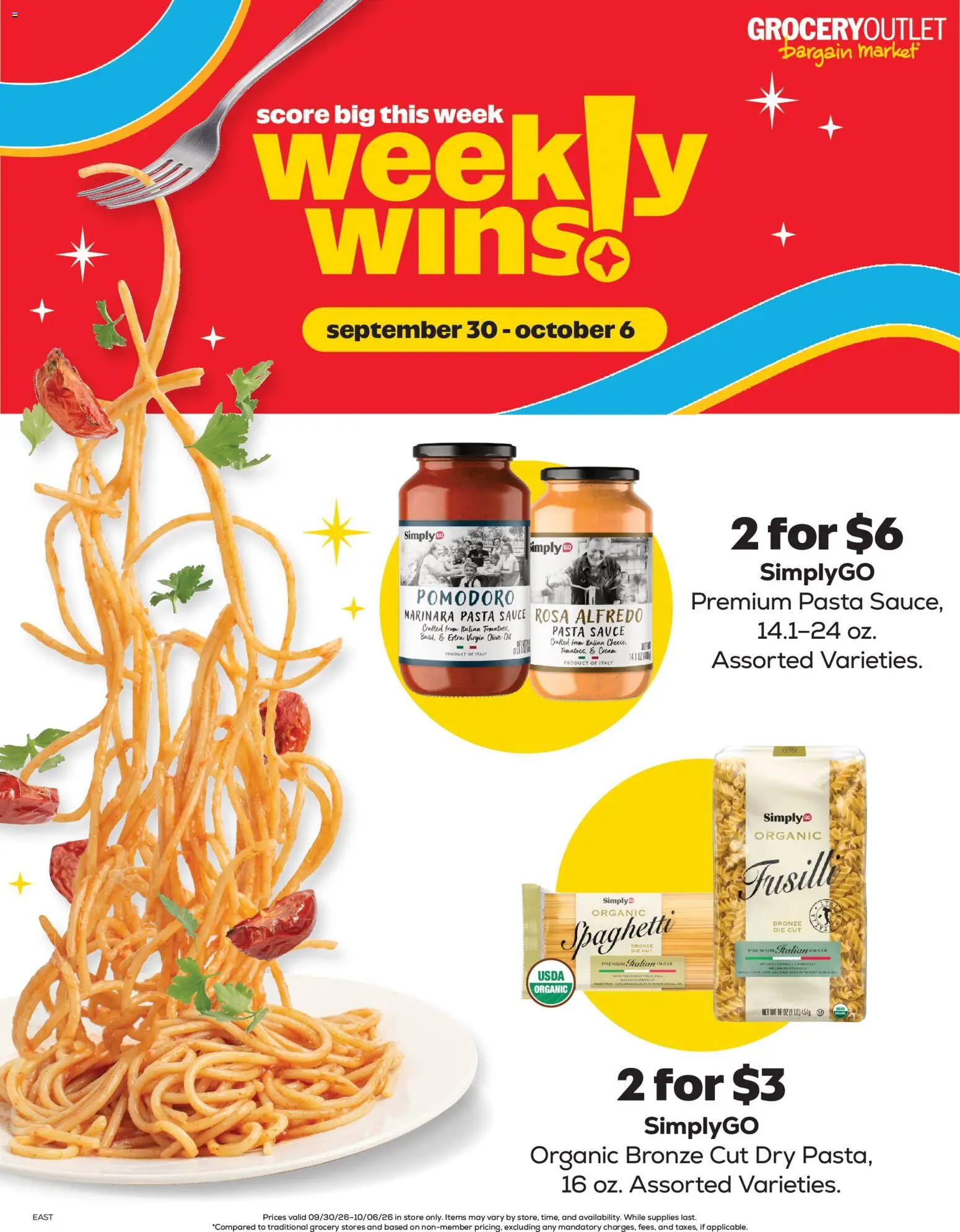 Ad Preview of Grocery Outlet Grocery Outlet Weekly Ad from 09/30/2026 - Pasta, Spaghetti, Oil, Olive oil, Cream, Extra virgin olive oil, Sauce