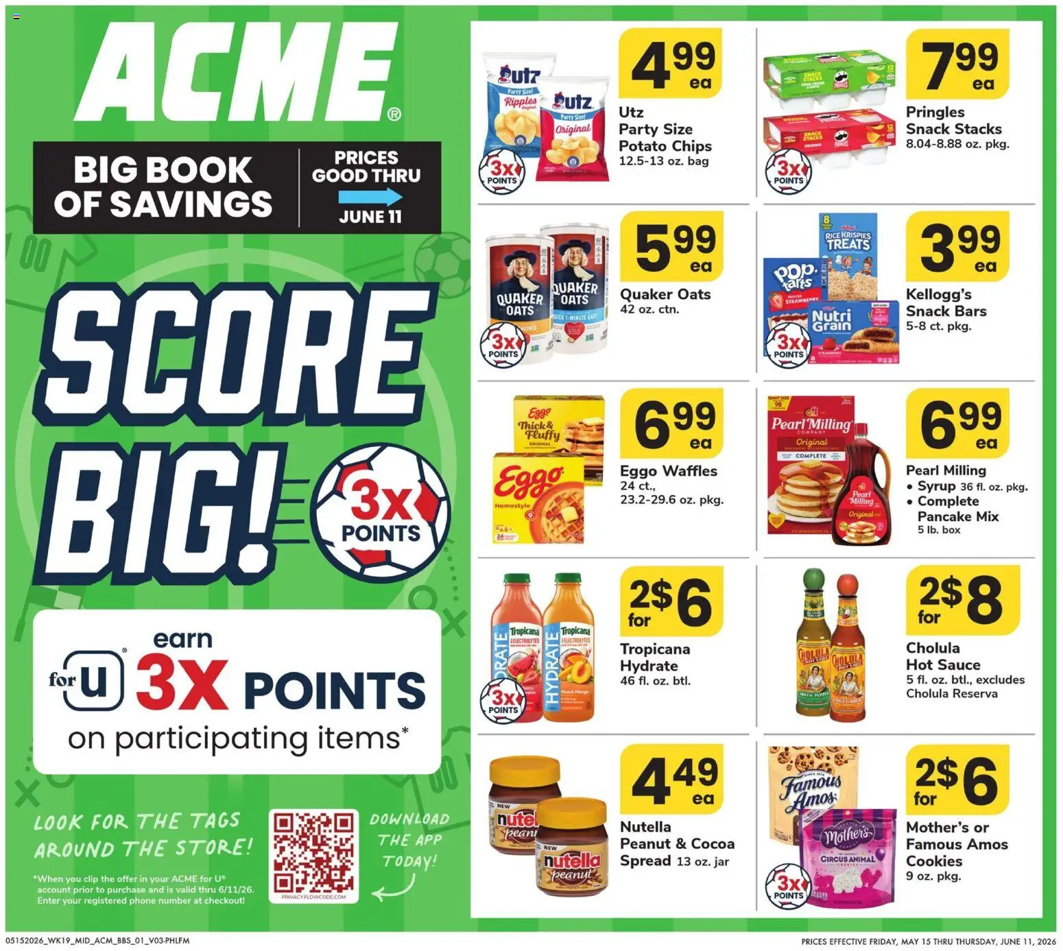 Ad Preview of Acme Acme Big Book of Savings from 05/15/2026 - Waffles, Cocoa, Chips, Peach, Nutella, Bag, Potato chips, Spread