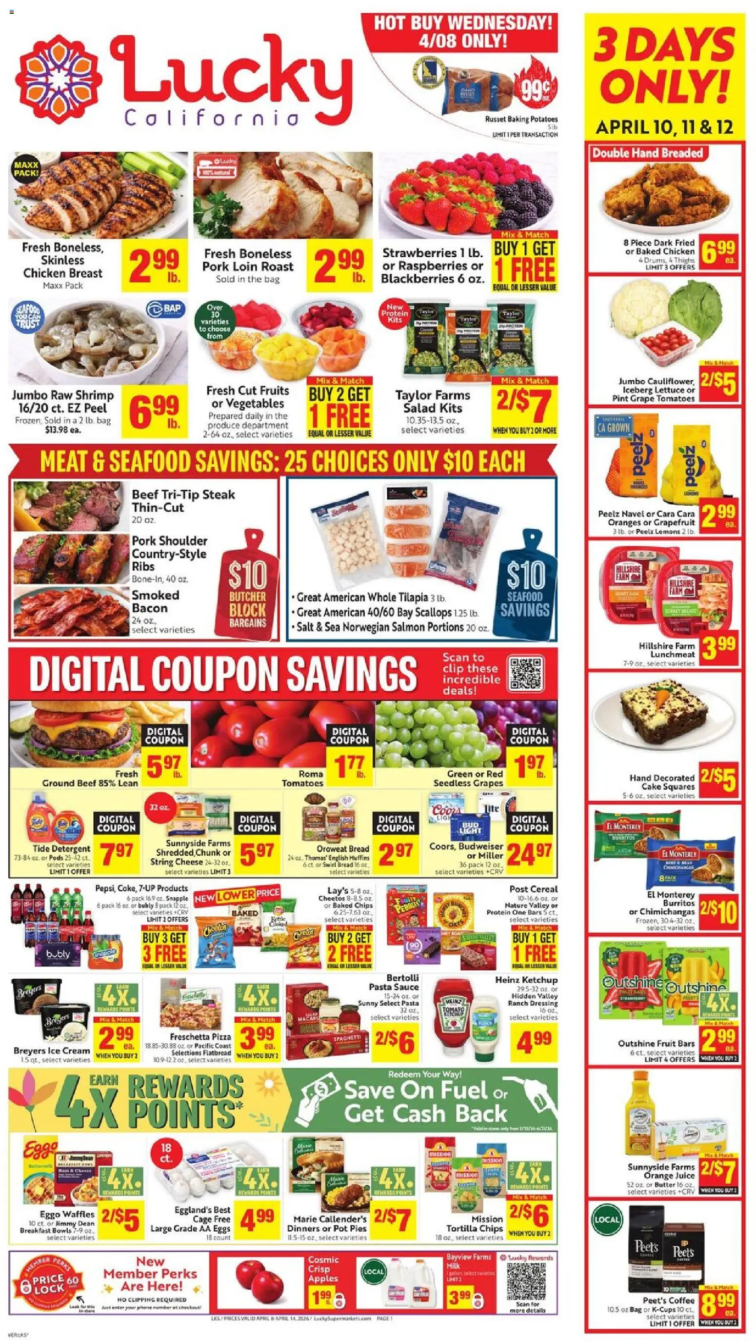 Ad Preview of Lucky Supermarkets Lucky Supermarkets Weekly Ad from 04/08/2026 - Coffee, Salmon, Milk, Juice, Tomatoes, Ground beef, Pork loin, Chicken