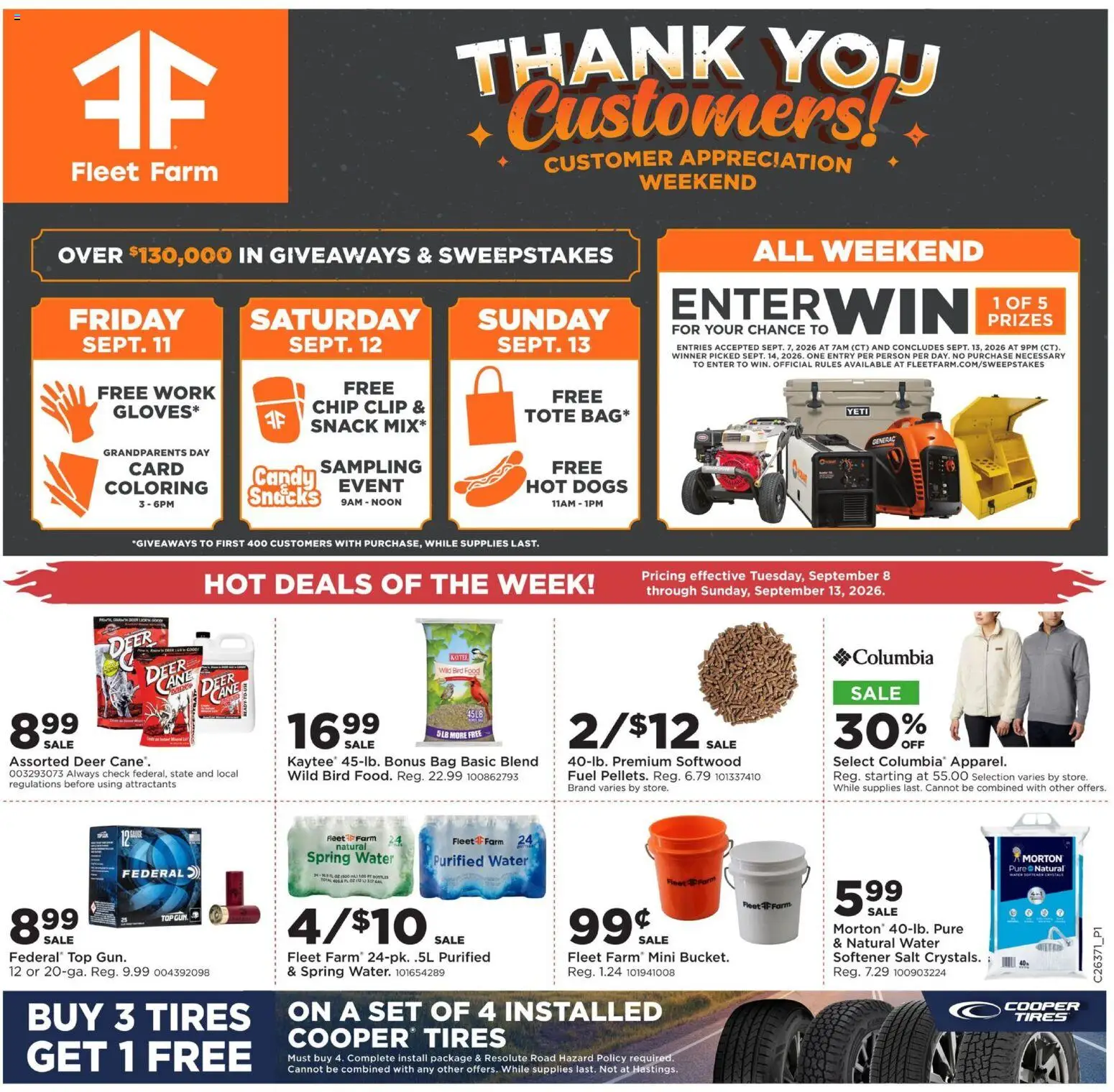 Ad Preview of Mills Fleet Farm Mills Fleet Farm Weekly Ad from 09/08/2026 - Water, Candy, Snacks, Hot Dogs, Salt, Bag, Clip, Spring water