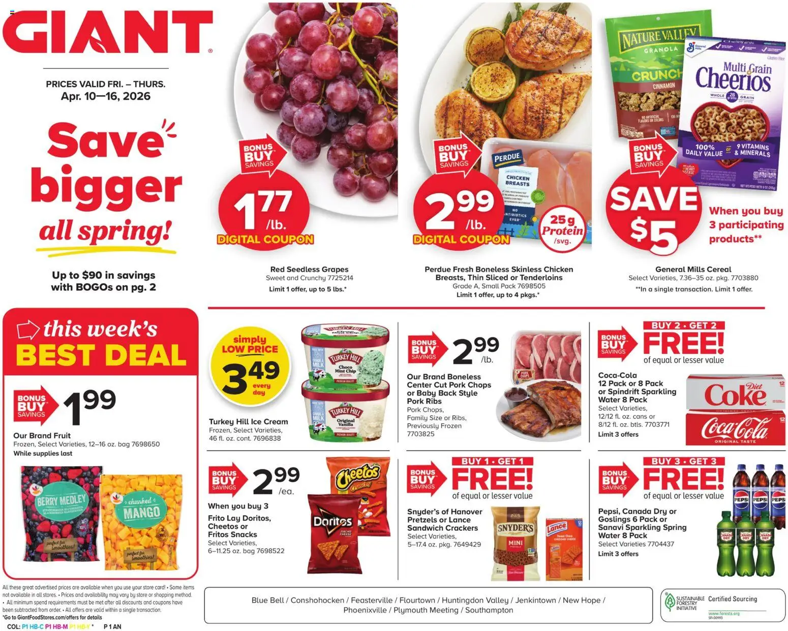 Ad Preview of Giant Giant Weekly Ad from 04/10/2026 - Water, Cereal, Grapes, Crackers, Cream, Vanilla, Pork ribs, Seedless grapes