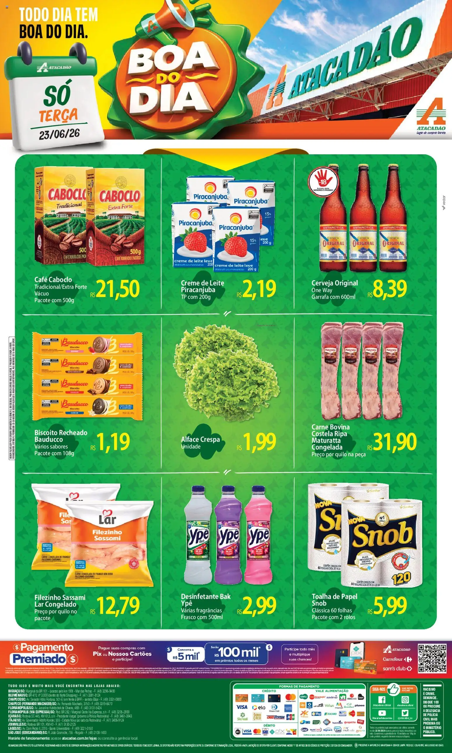 Pré-Visualização do folheto "Atacadão ofertas - SC" da loja Atacadão válido a partir de 23/06/2026 - Biscoito, Leite, Carne, Frango, Desinfetante, Creme de leite, Creme, Biscoito recheado