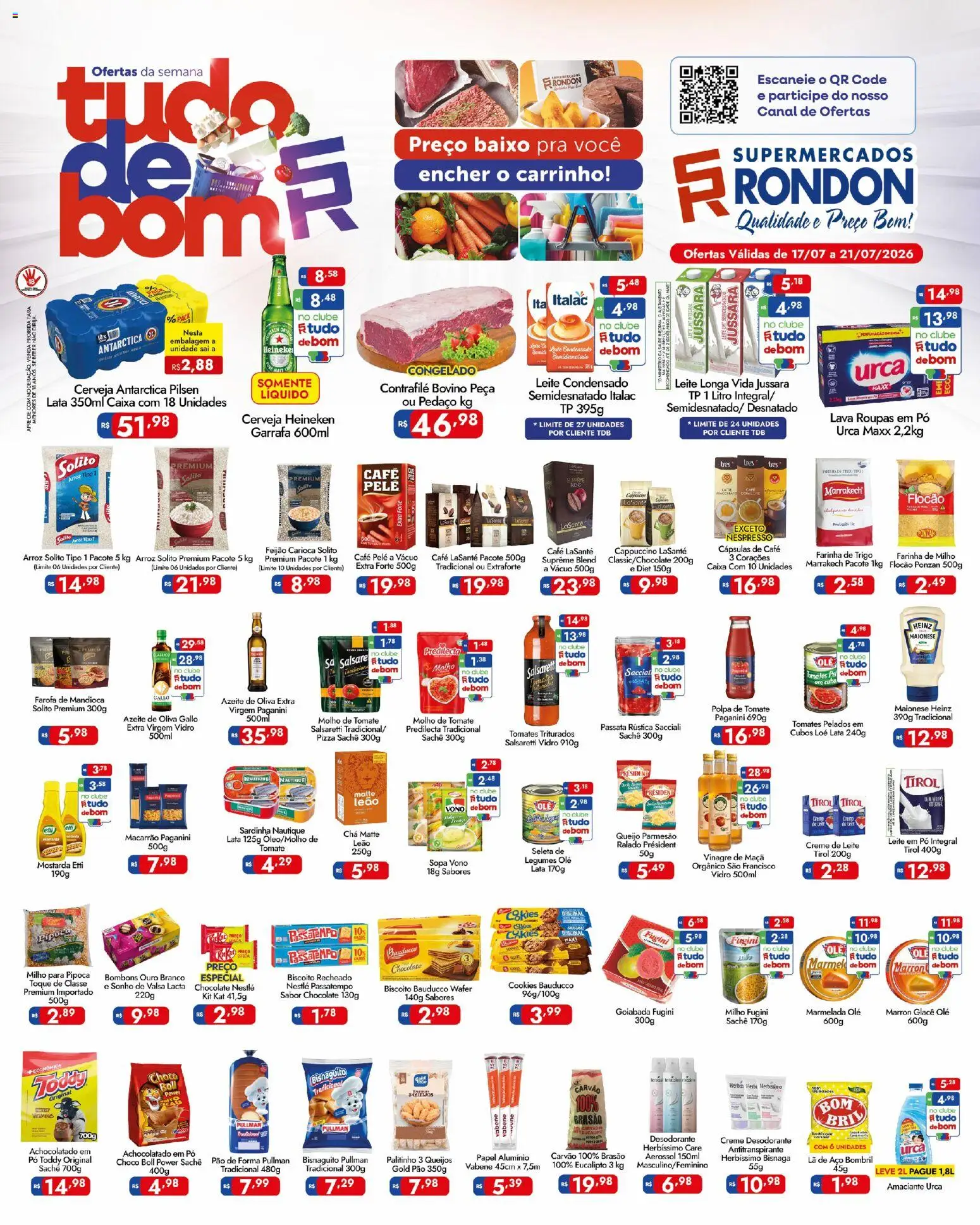 Pré-Visualização do folheto "Supermercados Rondon - Ofertas da semana" da loja Supermercados Rondon válido a partir de 17/07/2026 - Café, Cerveja, Desodorante, Amaciante, Pó, Cappuccino, Papel alumínio, Leite longa vida