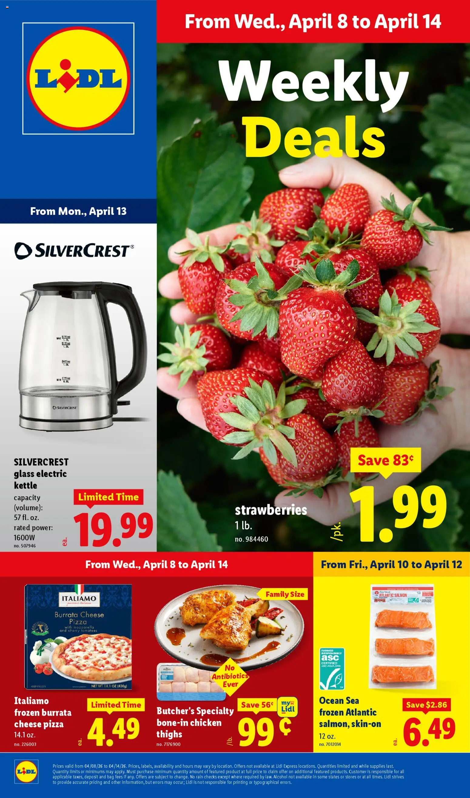 Ad Preview of Lidl Lidl Weekly Ad from 04/08/2026 - Pizza, Cheese, Salmon, Tomatoes, Mozzarella, Kettle, Cherry tomatoes, Chicken