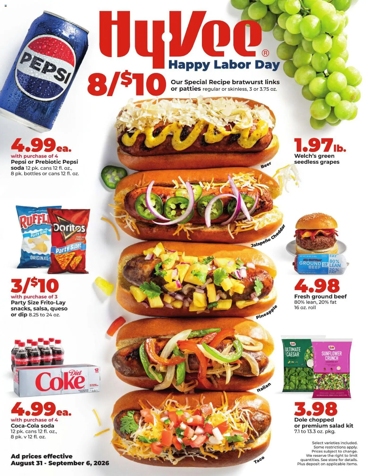 Ad Preview of HyVee HyVee Weekly Ad from 08/31/2026 - Salad, Pineapple, Pepsi, Grapes, Beef, Ground beef, Bratwurst, Seedless grapes