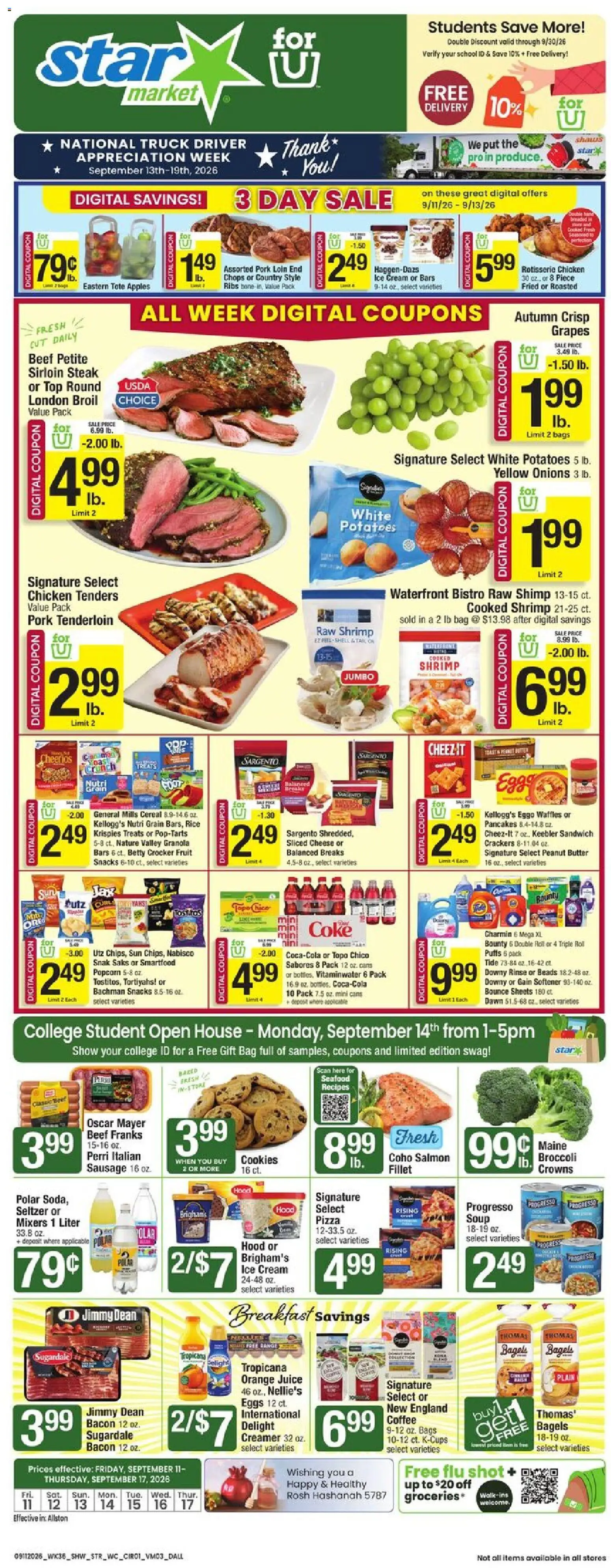 Ad Preview of Star Market Star Market Weekly Ad from 09/11/2026 - Seafood, Cookies, Popcorn, Salmon, Cereal, Pork tenderloin, Pork loin, Chicken