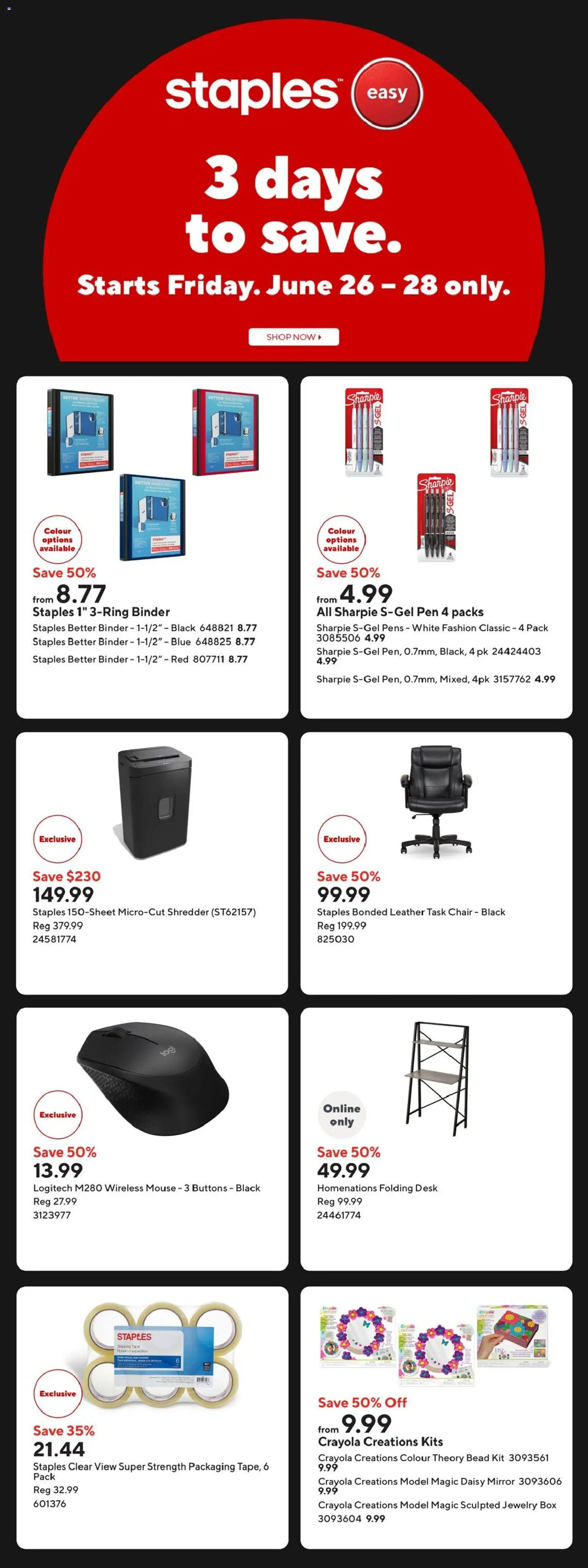 Preview of leaflet Staples weekly flyer / circulaire from shop Staples is valid from Jun 26, 2026 - Mirror, Mouse, Box, Chair, Shredder
