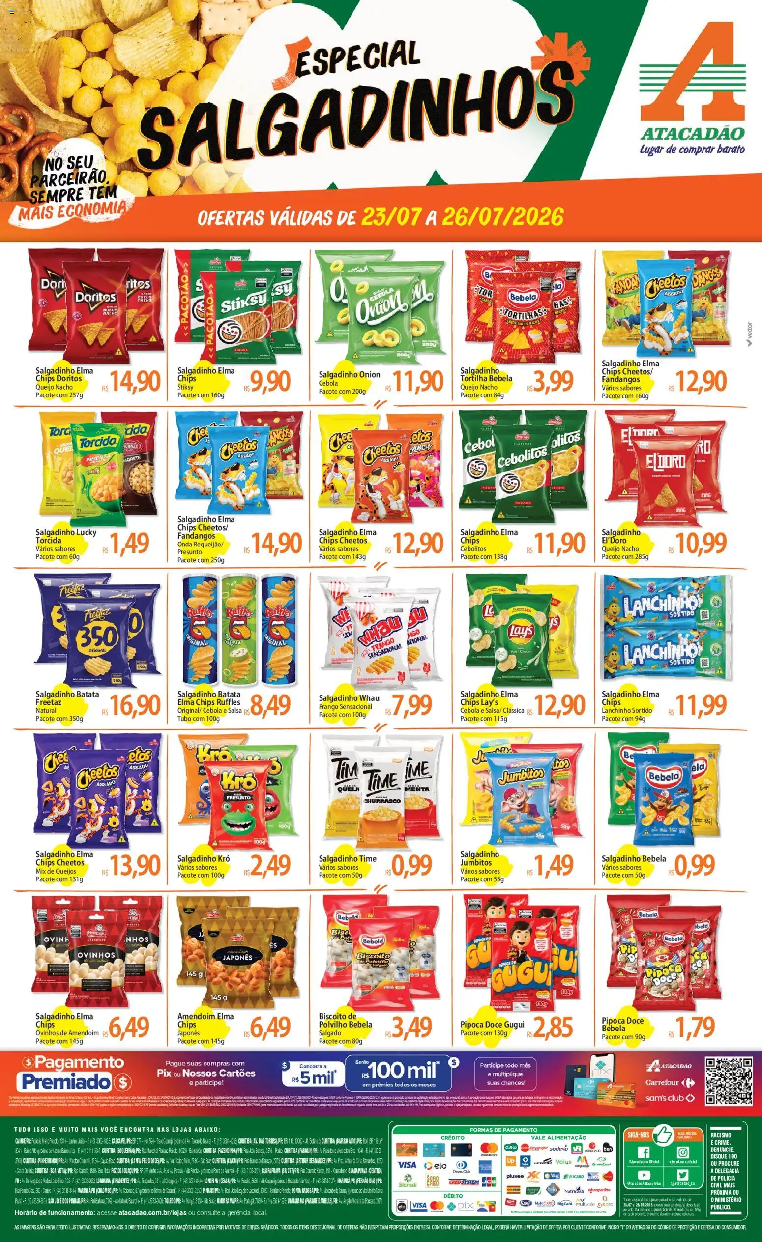 Pré-Visualização do folheto "Atacadão ofertas - PR" da loja Atacadão válido a partir de 23/07/2026 - Amendoim, Salgadinhos, Queijo, Elma Chips, Pimenta, Cebola, Polvilho, Presunto