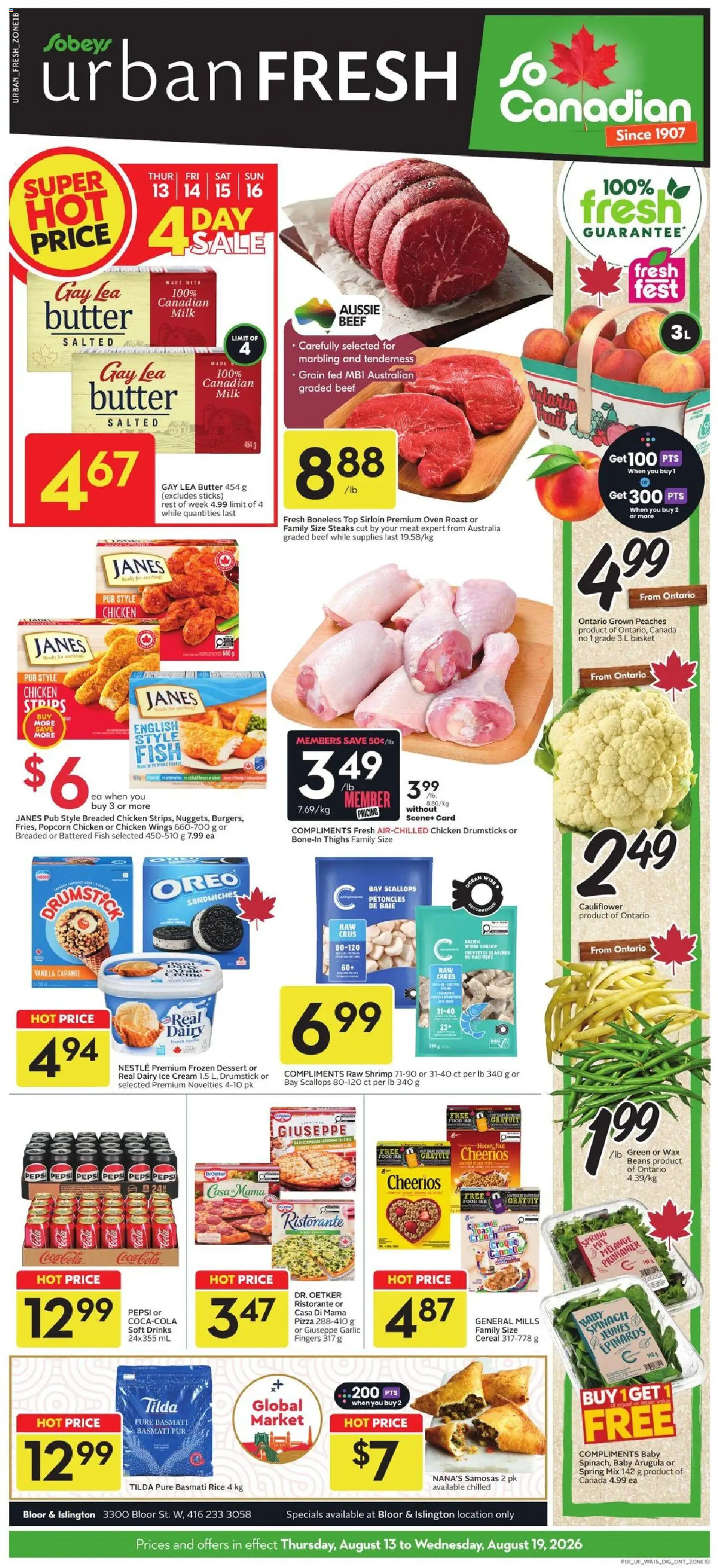 Preview of leaflet Sobeys weekly flyer / circulaire from shop Sobeys is valid from Aug 13, 2026 - Chicken wings, Spinach, Vanilla, Cream, Basmati rice, Basket, Chicken drumsticks, Chicken strips