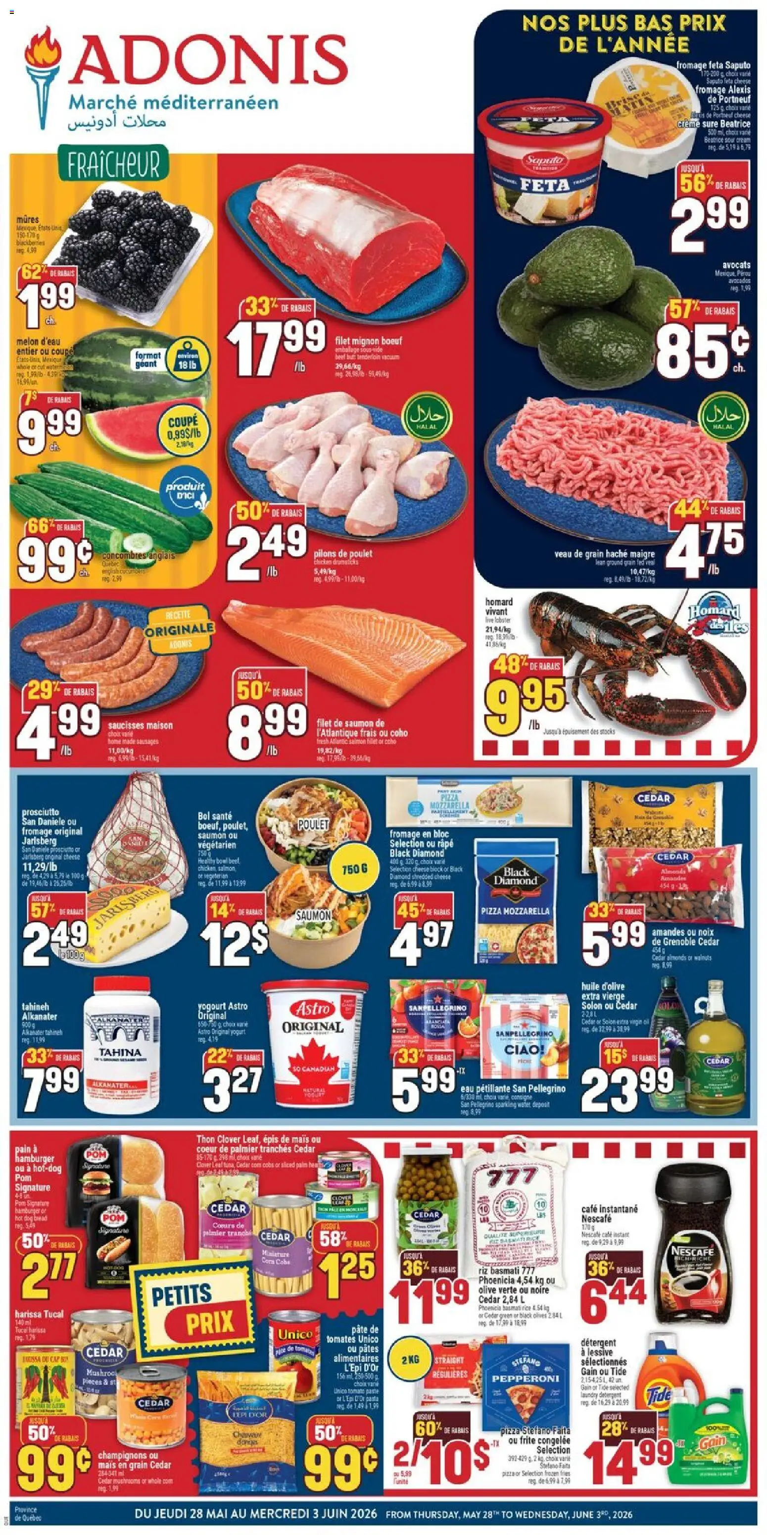 Preview of leaflet Adonis circulaire from shop Adonis is valid from May 28, 2026 - Hamburger, Mushrooms, Cheese, Cap, Prosciutto, Chair, Sausages, Detergent