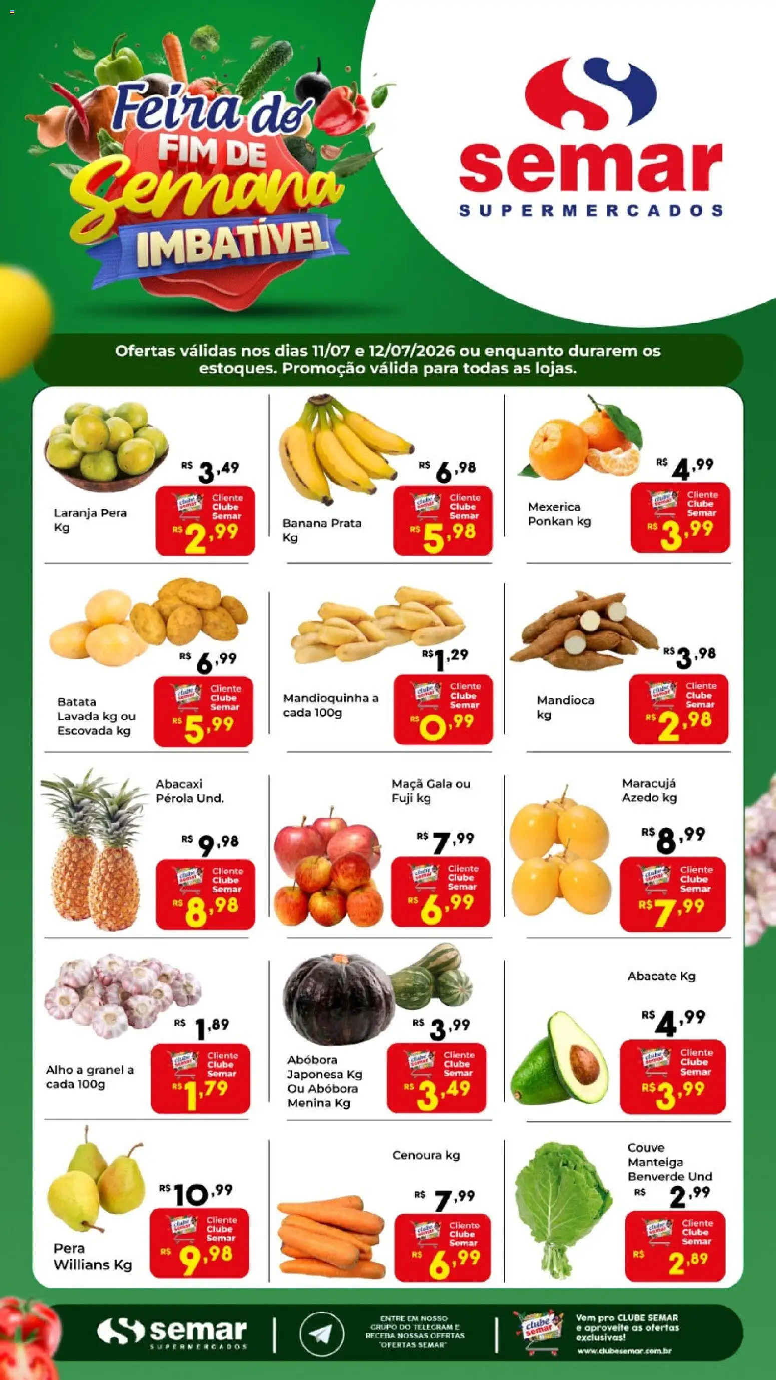 Pré-Visualização do folheto "Semar Supermercado ofertas FDS" da loja Semar Supermercado válido a partir de 11/07/2026 - Abacaxi, Abóbora, Batata, Pera, Abacate, Manteiga, Alho, Mandioquinha
