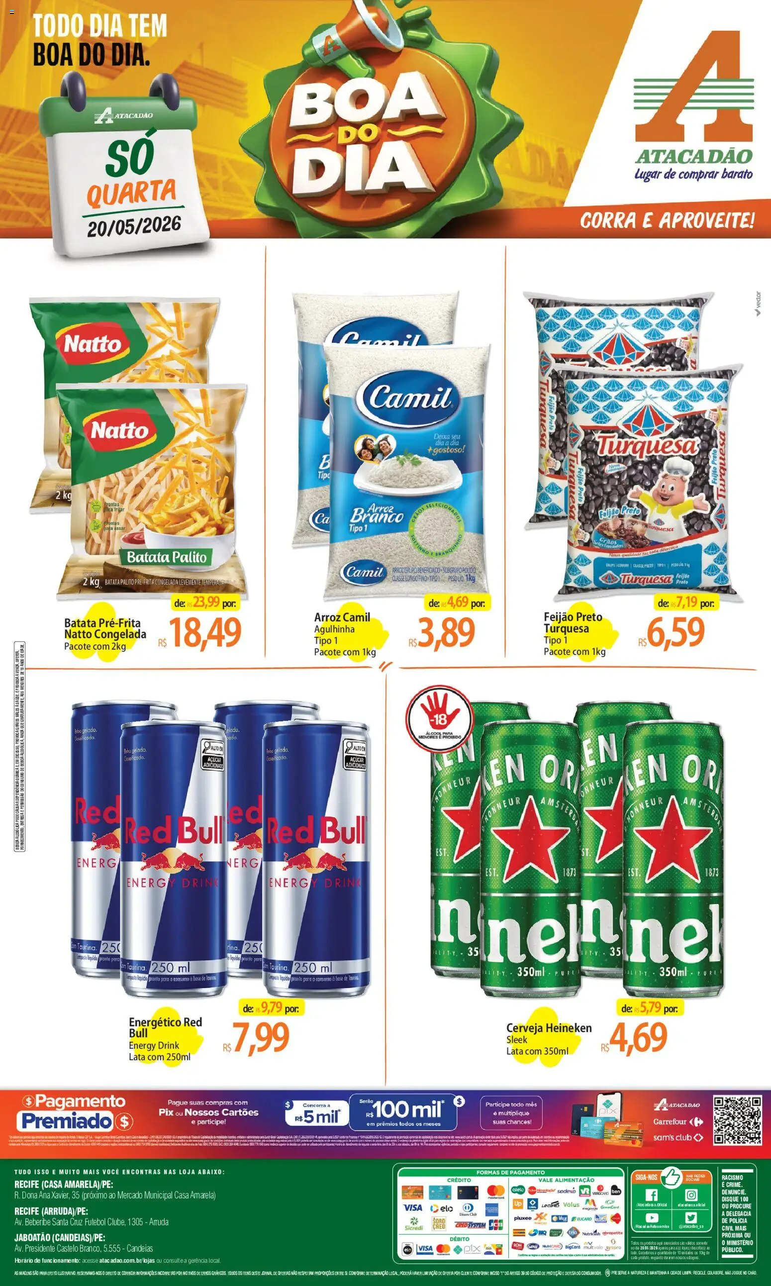 Pré-Visualização do folheto "Atacadão ofertas - PE" da loja Atacadão válido a partir de 20/05/2026 - Heineken, Cerveja, Arroz, Bebida, Feijão, Cerveja Heineken, Açúcar, Energético Red Bull