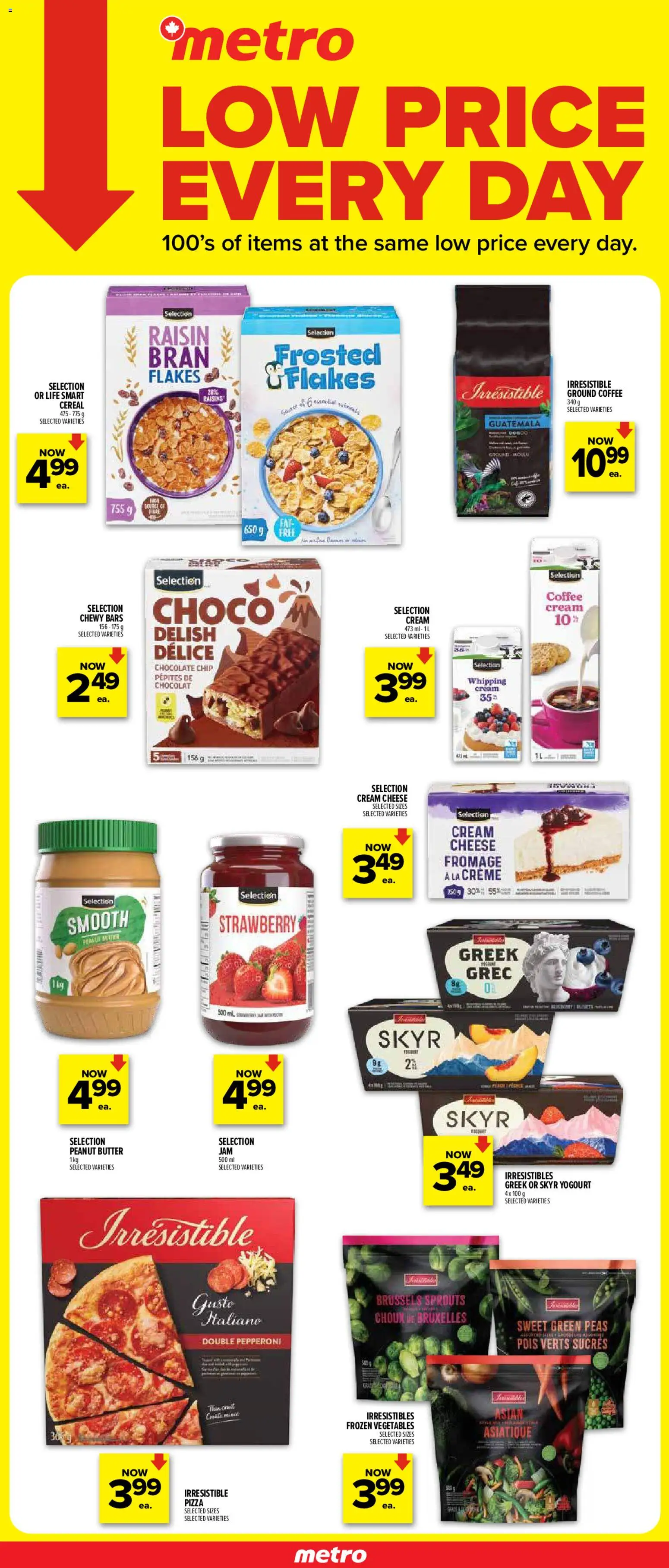 Preview of leaflet Metro Low Price Every Day Flyer - Alma from shop Metro is valid from Mar 05, 2026 - Coffee, Chocolate, Cheese, Cream cheese, Peanut butter, Raisins, Ground coffee, Frozen vegetables
