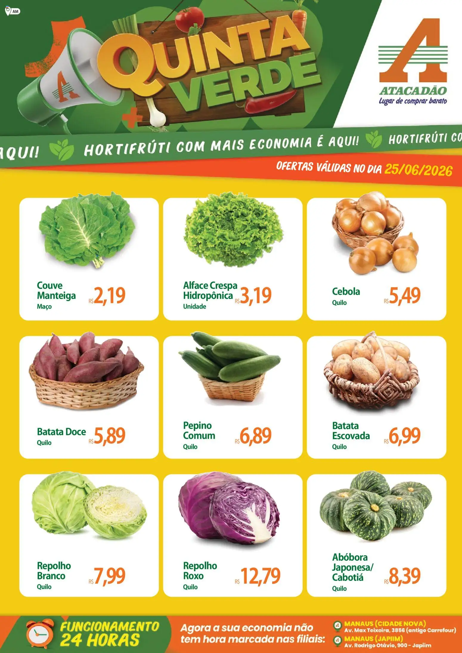Pré-Visualização do folheto "Atacadão ofertas - AM" da loja Atacadão válido a partir de 25/06/2026 - Abóbora, Doce, Batata, Manteiga, Couve, Alface, Cebola, Repolho