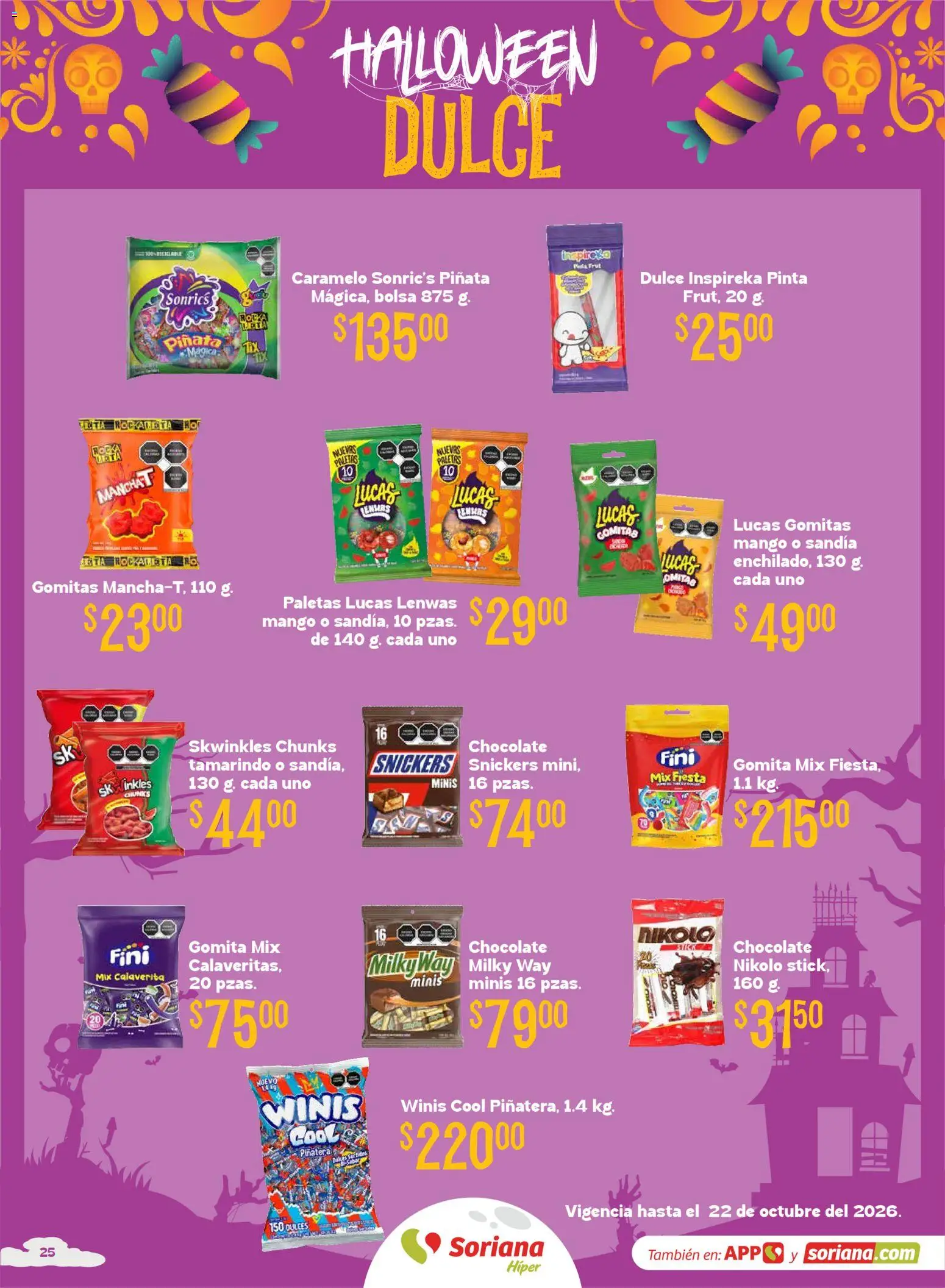 Vista previa las ofertas de la tienda Soriana - Soriana Híper - Halloween y Día de muertos desde el 01/10/2026 - Mango, Chocolate, Gomitas, Dulces, Bolsa, Sandía, Snickers, Paletas