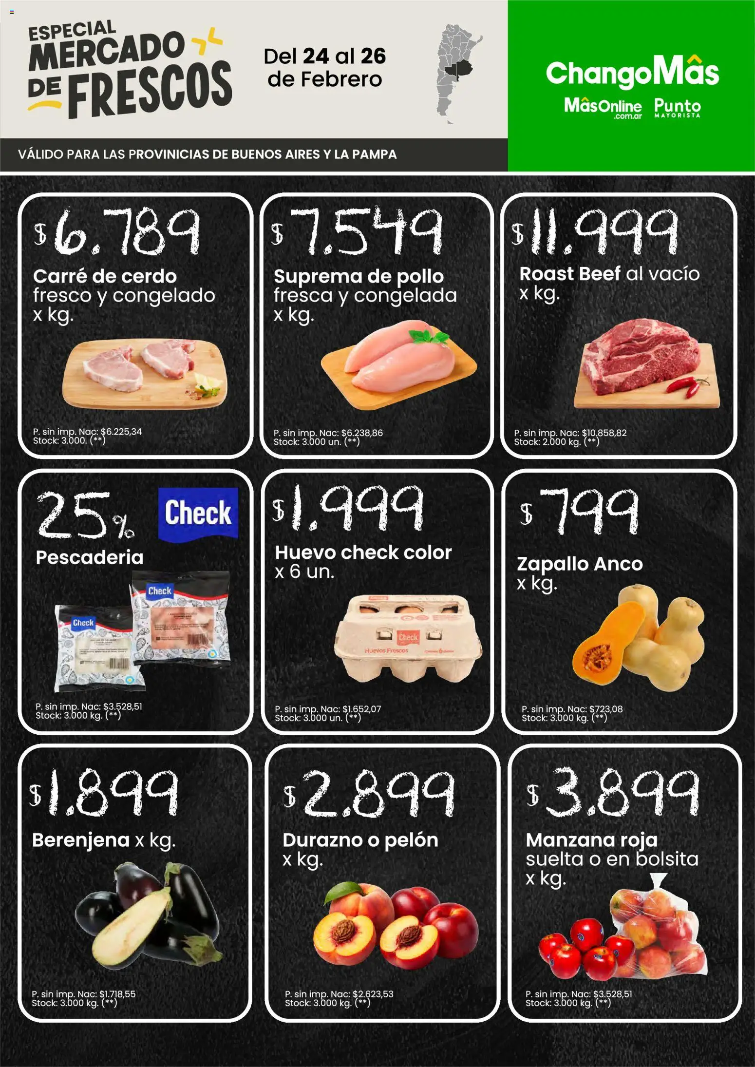 Vista previa del folleto de la tienda Changomas válido desde el 24/02/2026 - Pollo, Zapallo, Manzana, Durazno, Huevo, Berenjena, Huevos, Cerdo