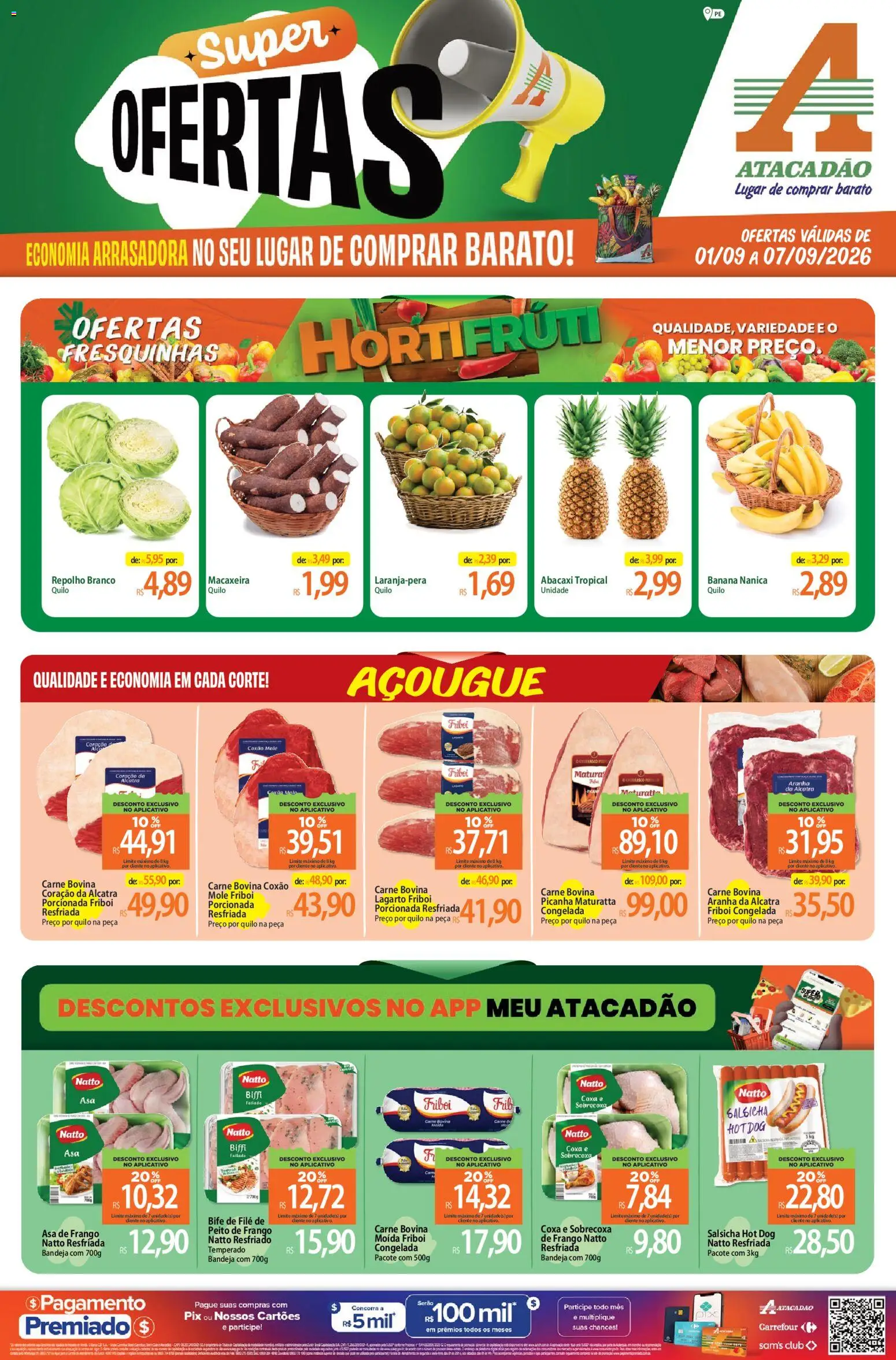 Pré-Visualização do folheto "Atacadão ofertas - PE" da loja Atacadão válido a partir de 01/09/2026 - Frango, Peito de frango, Macaxeira, Alcatra, Carne bovina, Sobrecoxa de frango, Aranha da alcatra, Repolho branco