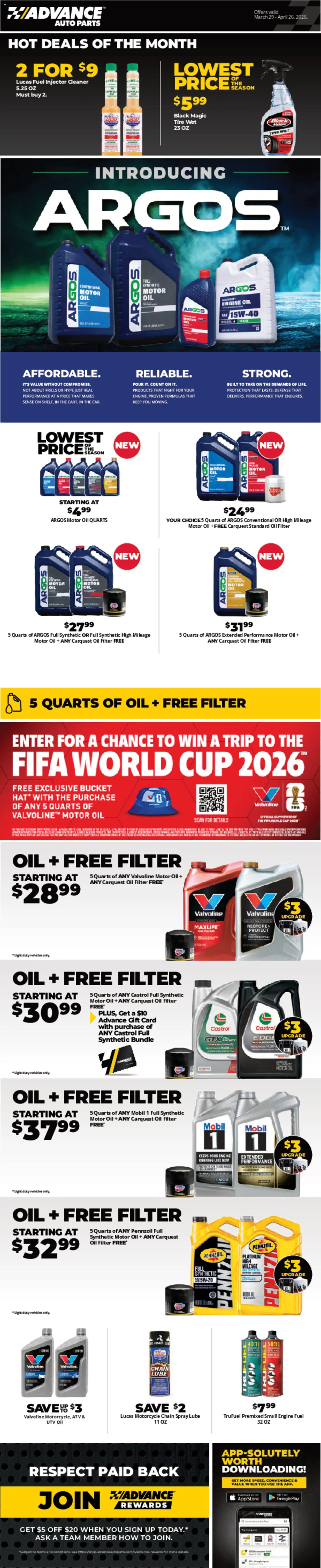 Ad Preview of Advance Auto Parts Advance Auto Parts Weekly Ad from 03/29/2026 - Tire, Oil, Oil filter, Motor Oil