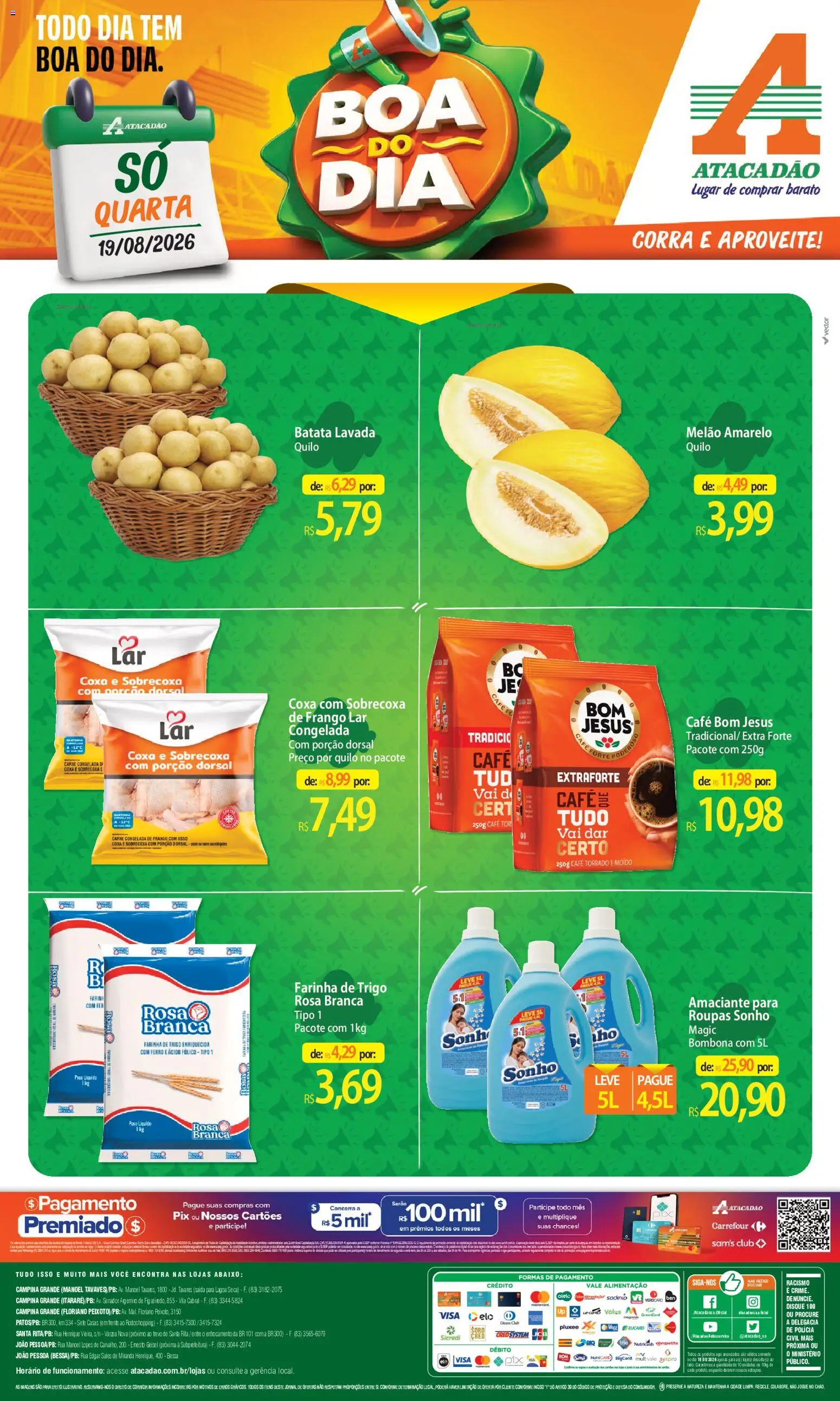 Pré-Visualização do folheto "Atacadão ofertas - PB" da loja Atacadão válido a partir de 19/08/2026 - Café, Roupas, Sonho, Frango, Ferro, Farinha de trigo, Melão, Farinha