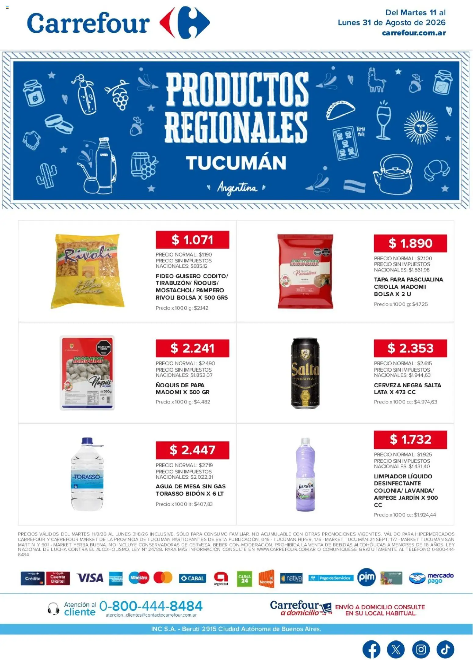 Vista previa del folleto de la tienda Carrefour válido desde el 11/08/2026 - Agua, Teléfono, Cerveza, Bebidas, Mesa, Yerba, Bidón, Limpiador