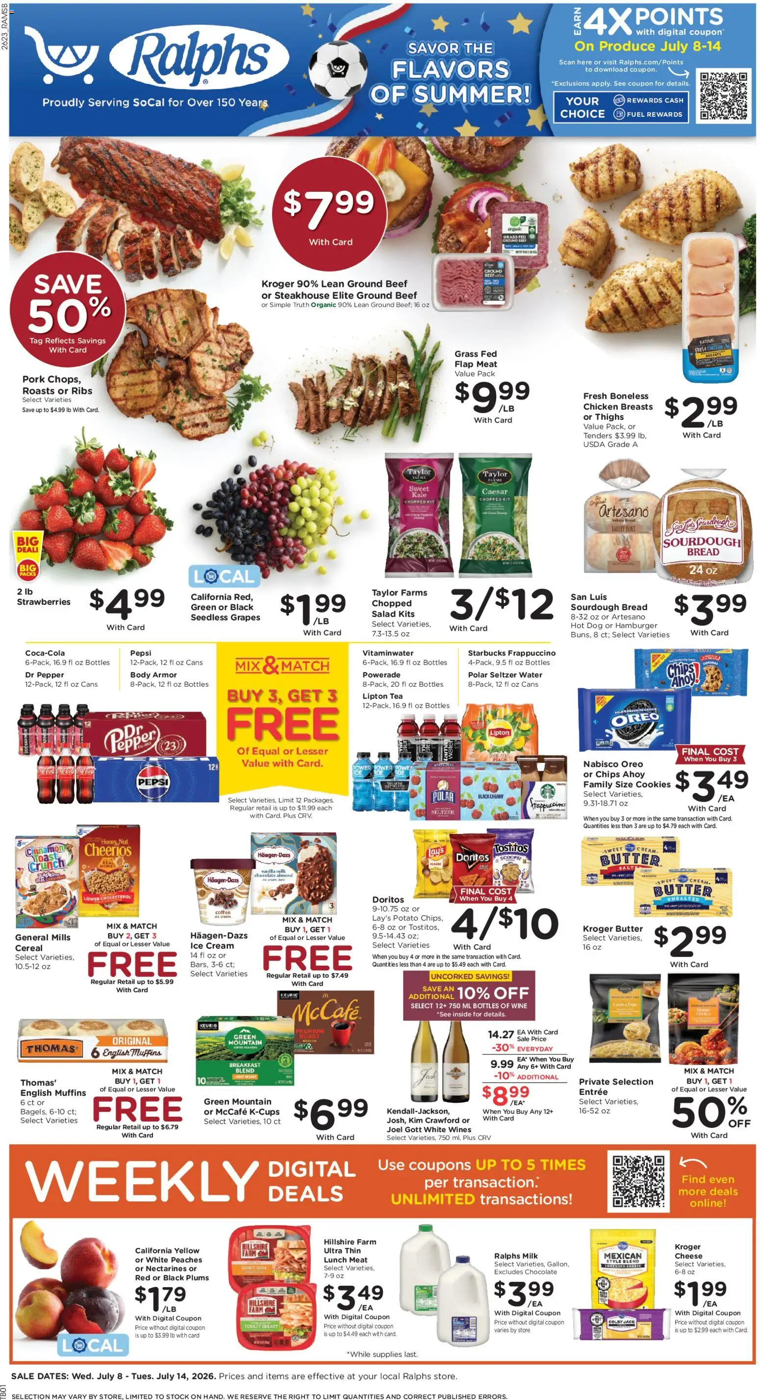 Ad Preview of Ralphs Ralphs Weekly Ad from 07/08/2026 - Salad, Chips, Toasts, Honey, Strawberries, Meat, Oreo, Chicken